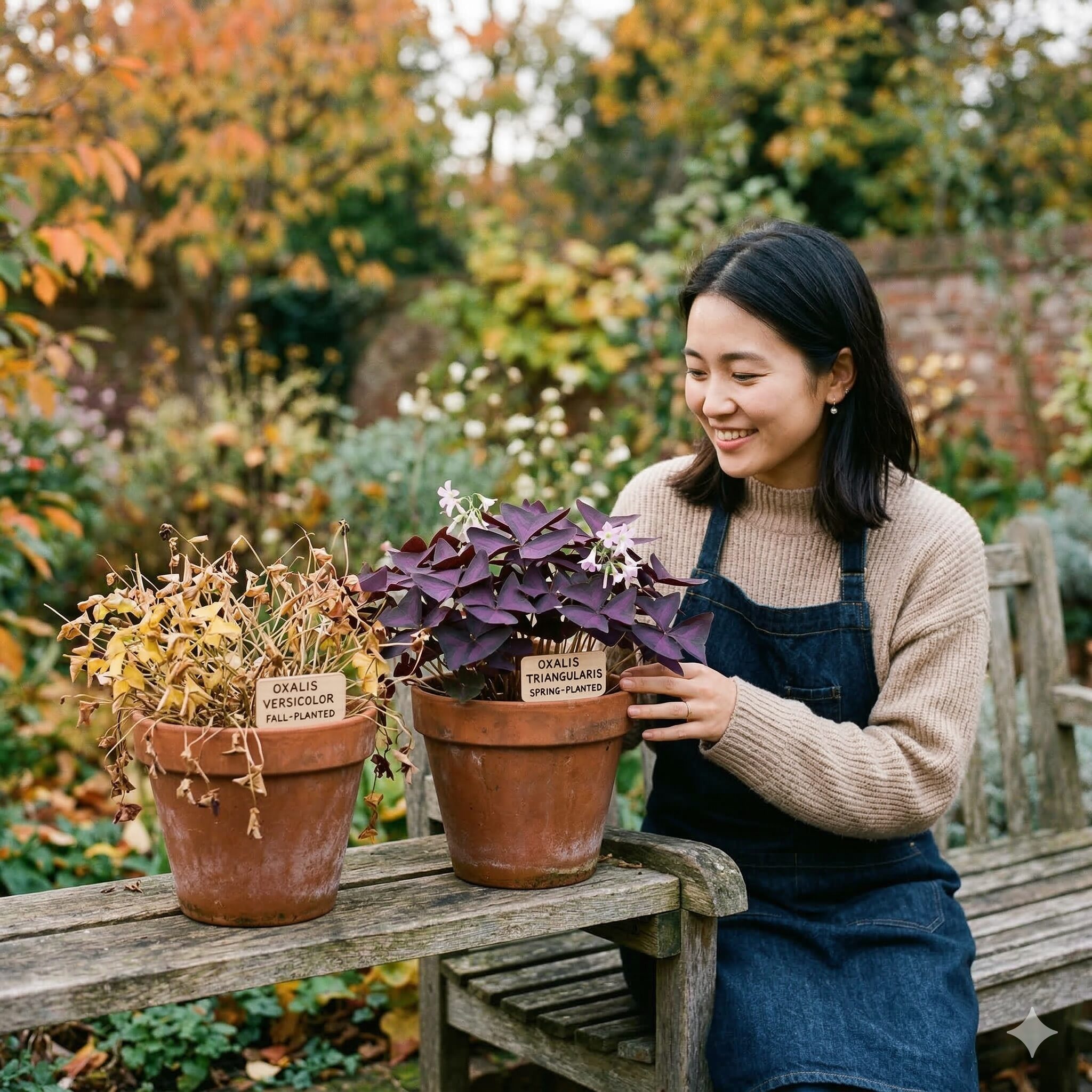 オキザリス 枯れる原因3　品種による生活サイクルの違いを示す秋植えと春植えのオキザリスの鉢植え