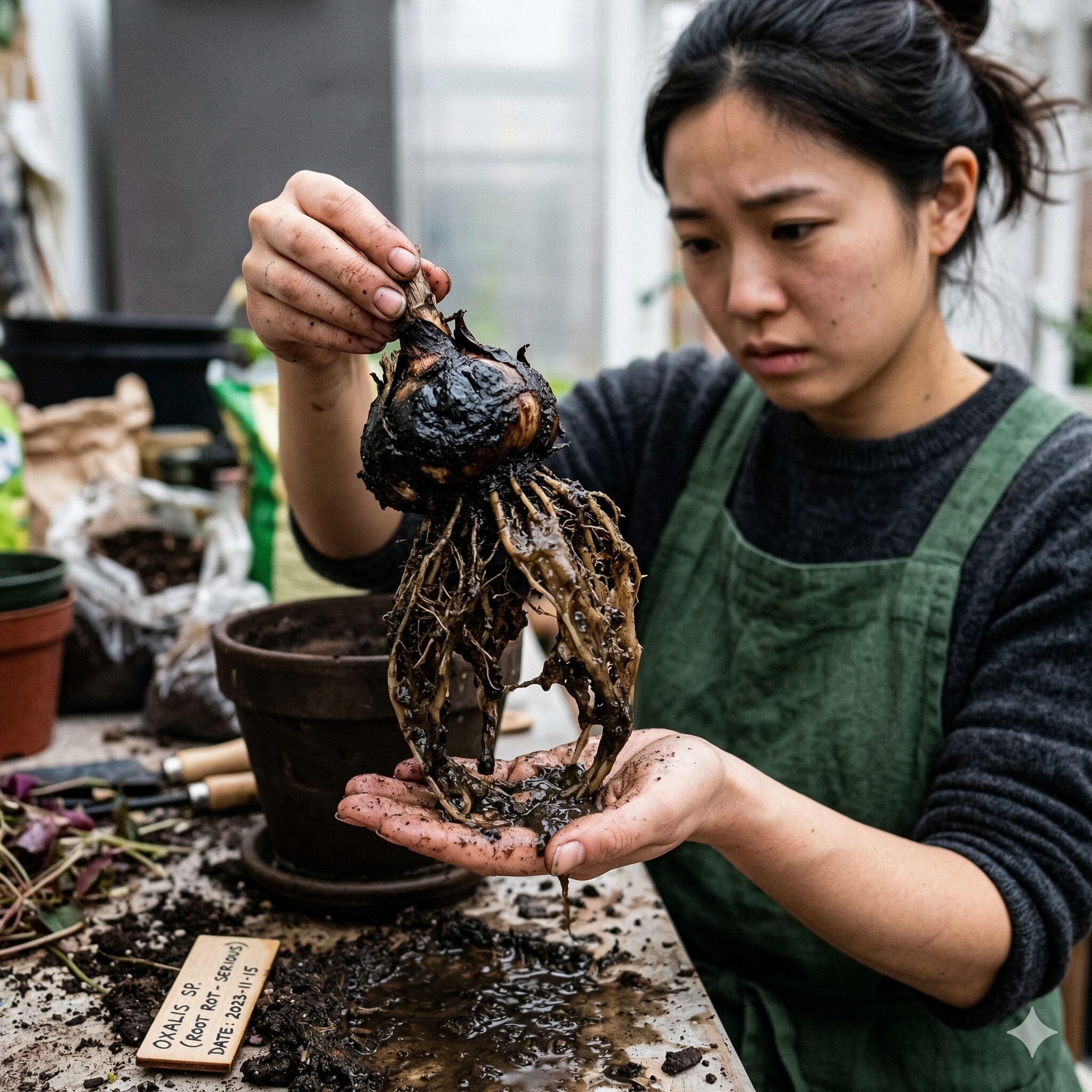 オキザリス 枯れる原因4　水やりのしすぎで根腐れを起こし、黒ずんでドロドロになったオキザリスの球根と根