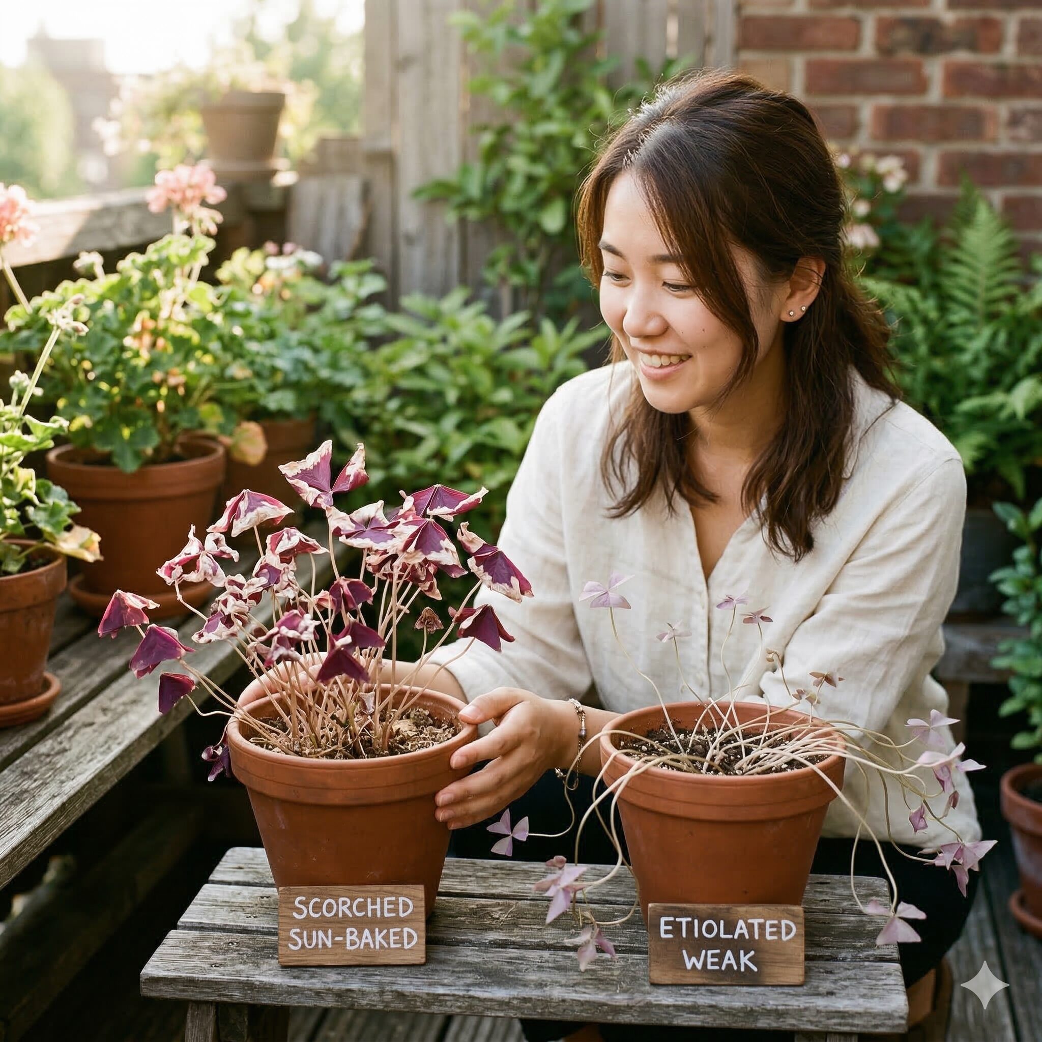 オキザリス 枯れる原因5　直射日光による激しい葉焼けと、日照不足によるひょろひょろとした徒長の比較画像