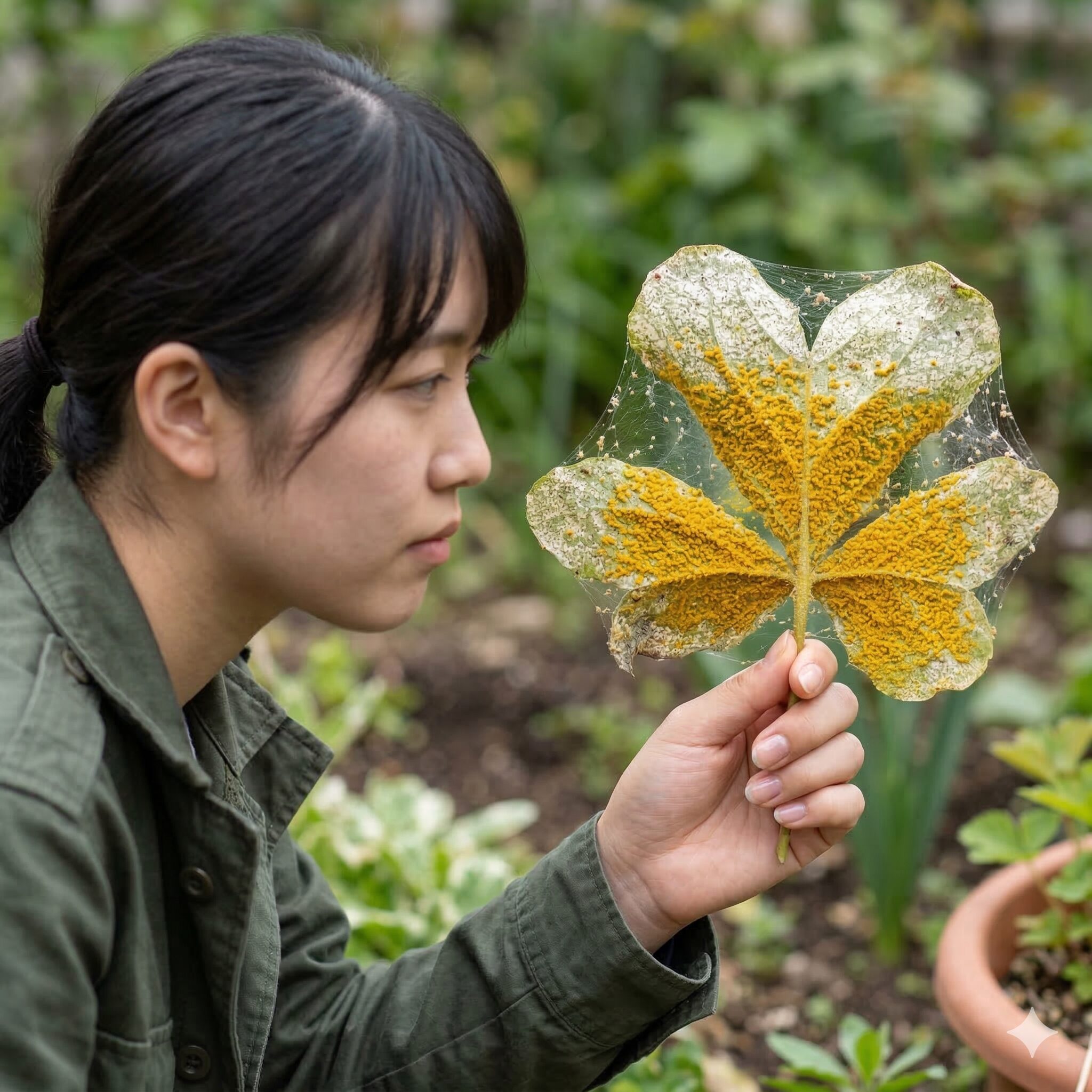 オキザリス 枯れる原因6　オキザリスに発生した「さび病」の黄色い粉と「ハダニ」による白いかすれ症状の拡大
