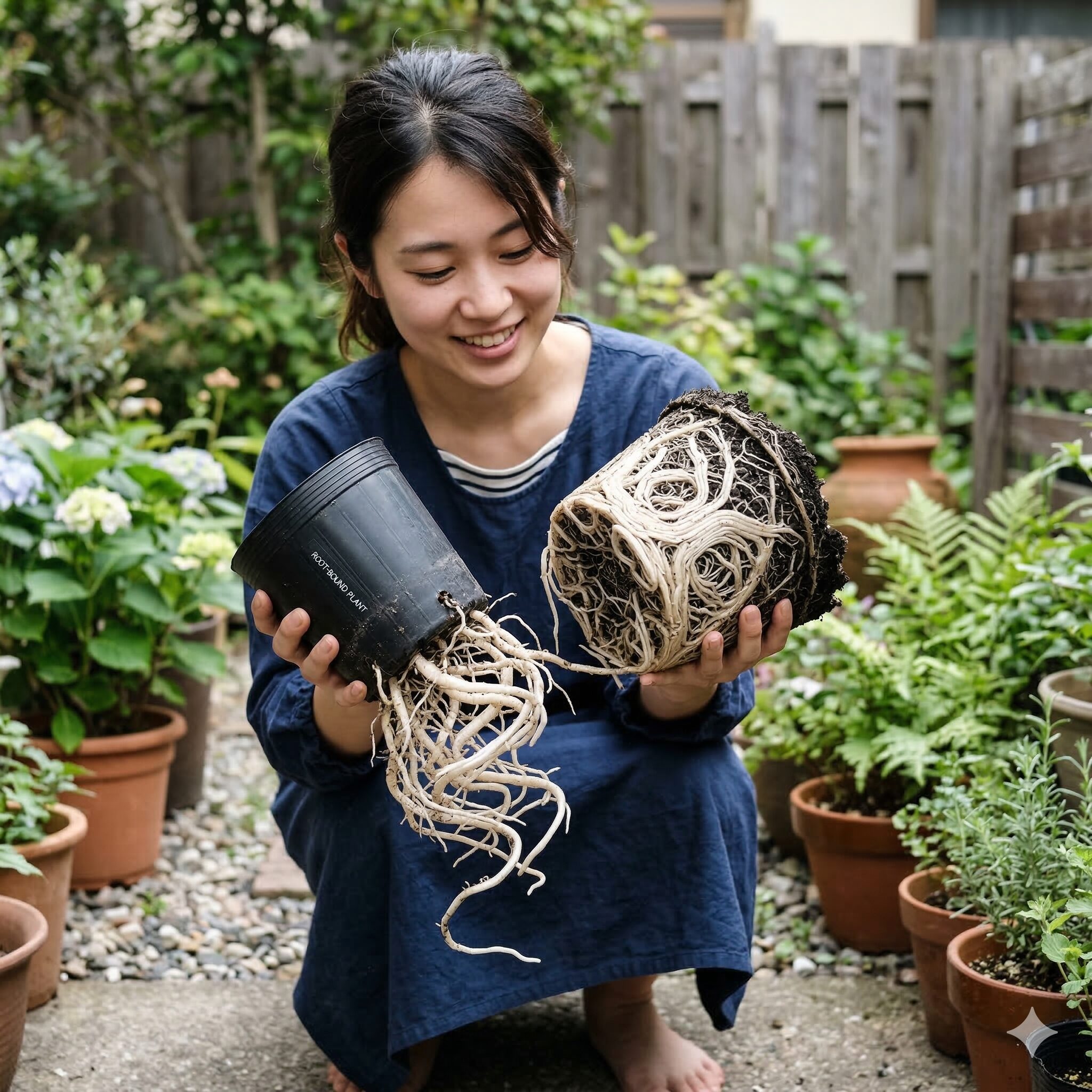 オキザリス 枯れる原因7　鉢の底から根が飛び出し、土が見えないほど根が回りきった重度の根詰まり状態
