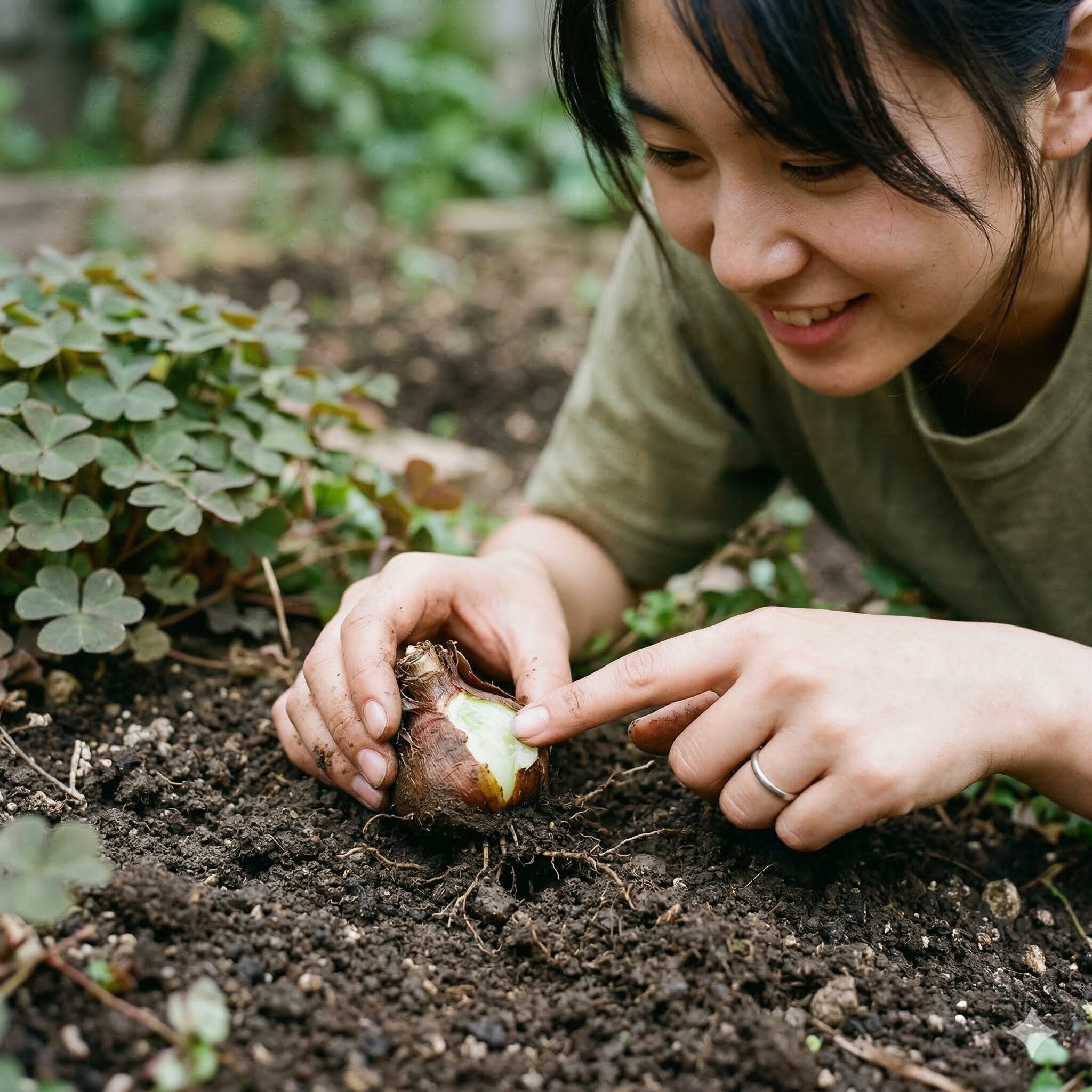 オキザリス 枯れる原因8　スクラッチテストにより、球根内部が白緑色で生きていることを確認する手順