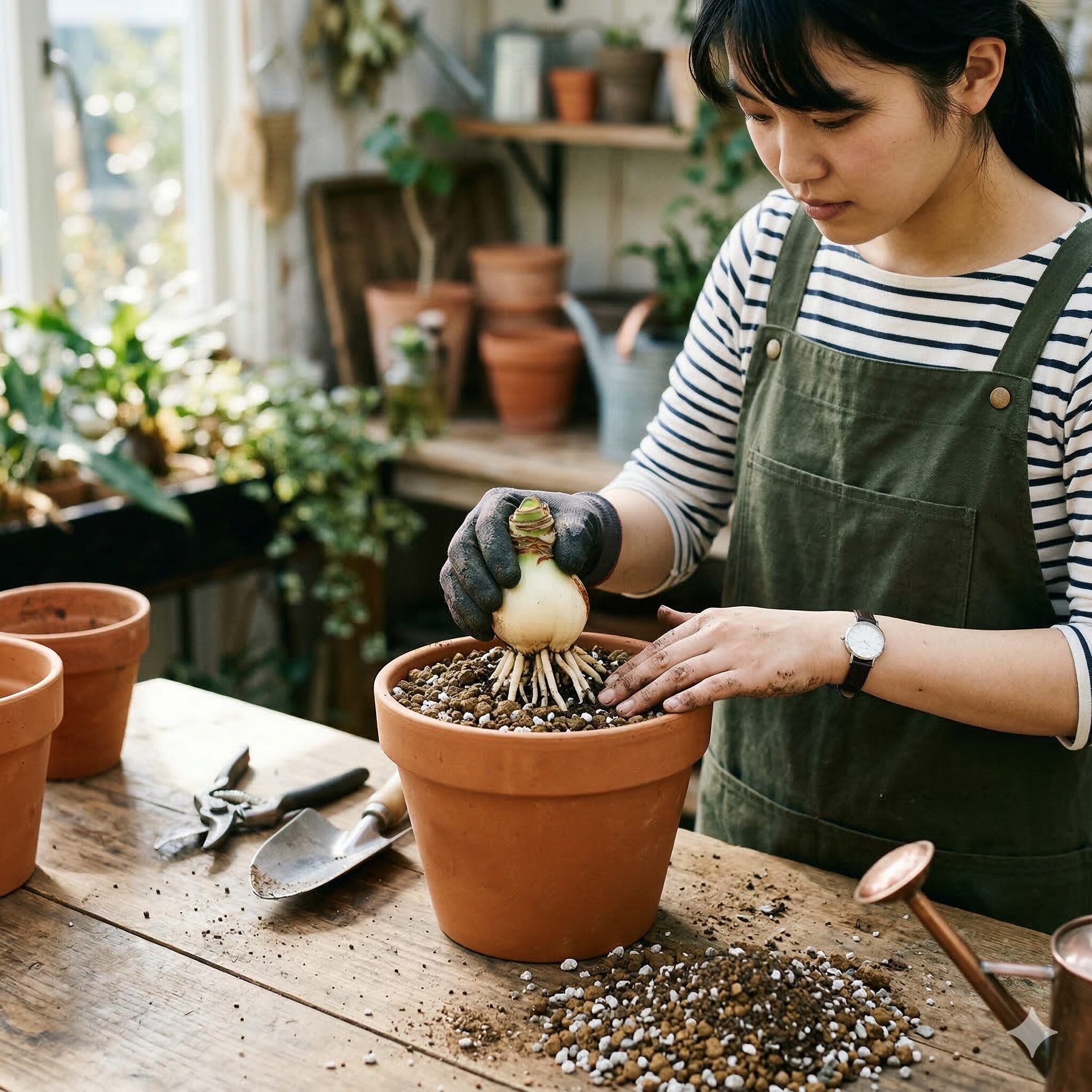 オキザリス 枯れる原因9　根腐れ対策として、清潔で排水性の良い新しい土に球根を植え替える作業風景