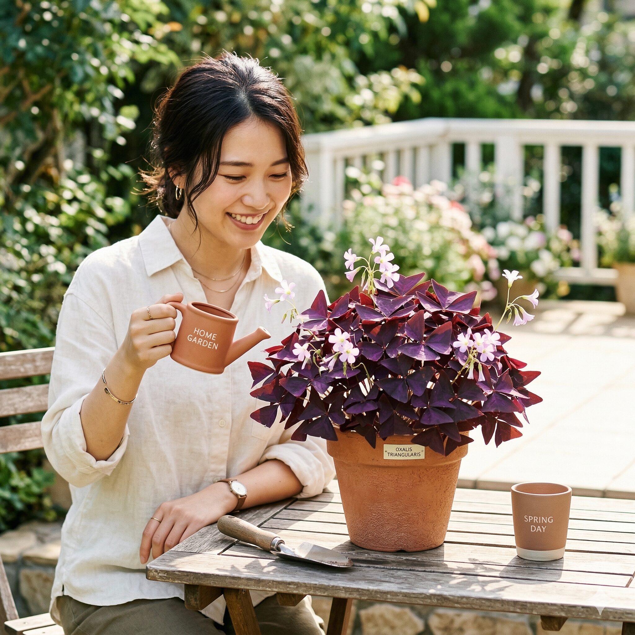 オキザリス 紫 の 舞 育て 方1　テラスの日差しを浴びて生き生きと育つ紫色の葉のオキザリス・トリアングラリス（紫の舞）