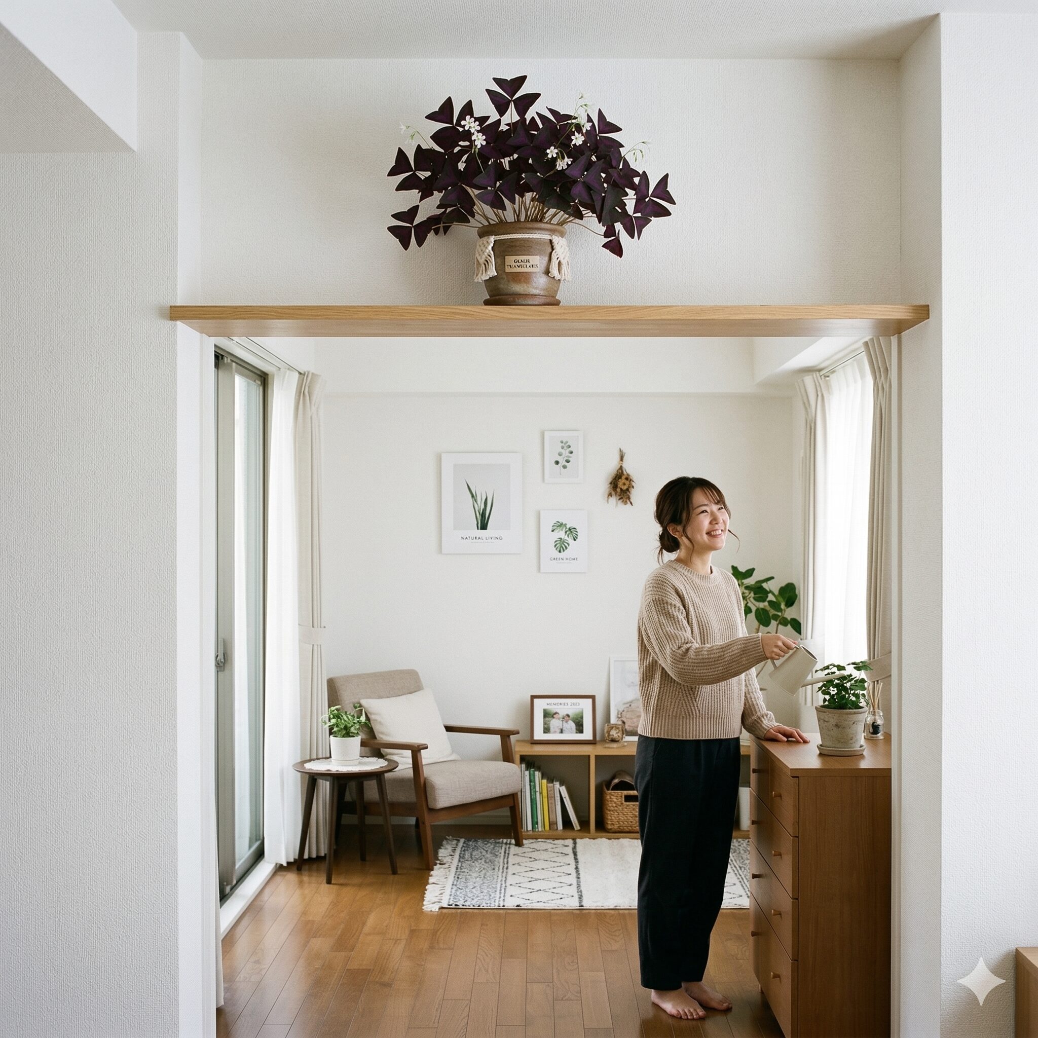 オキザリス 紫 の 舞 育て 方10　ペットや子供の誤食を防ぐために高い位置に配置されたオキザリスのハンギング栽培