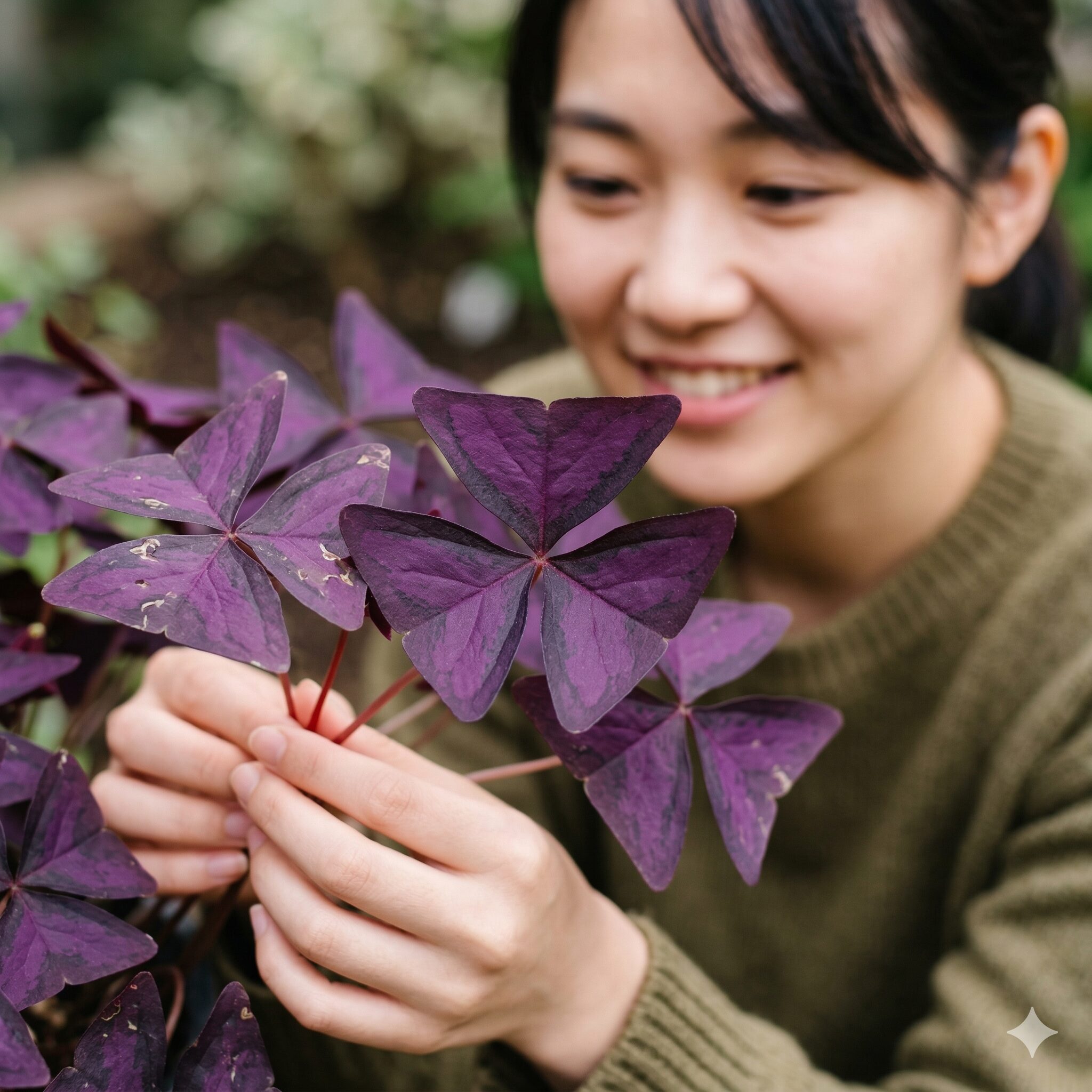 オキザリス 紫 の 舞 育て 方2　オキザリス・トリアングラリスの深い紫色と幾何学的な三角形の葉のクローズアップ