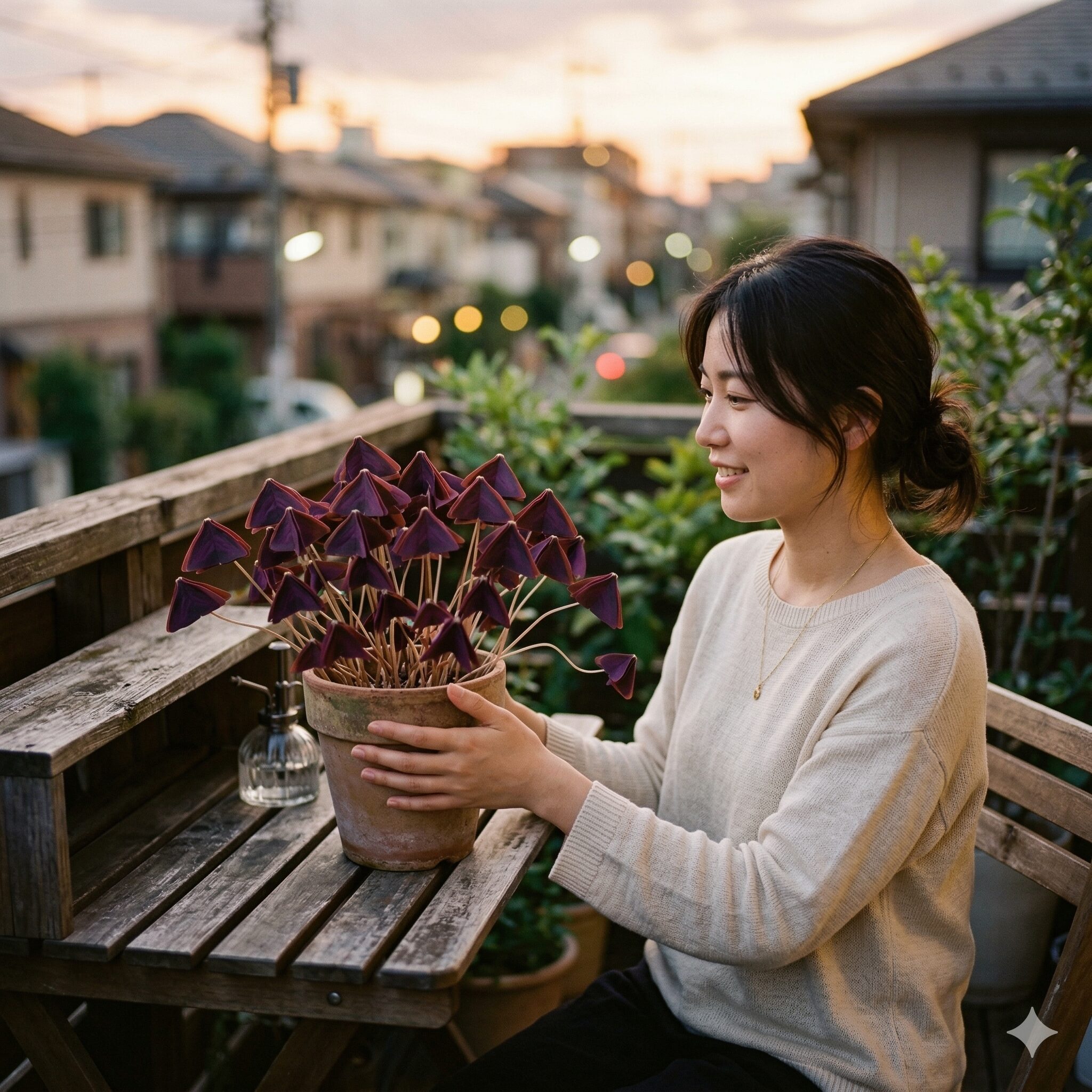 オキザリス 紫 の 舞 育て 方3　夕方になり傘を閉じるように葉を折りたたんだオキザリスの就眠運動の様子