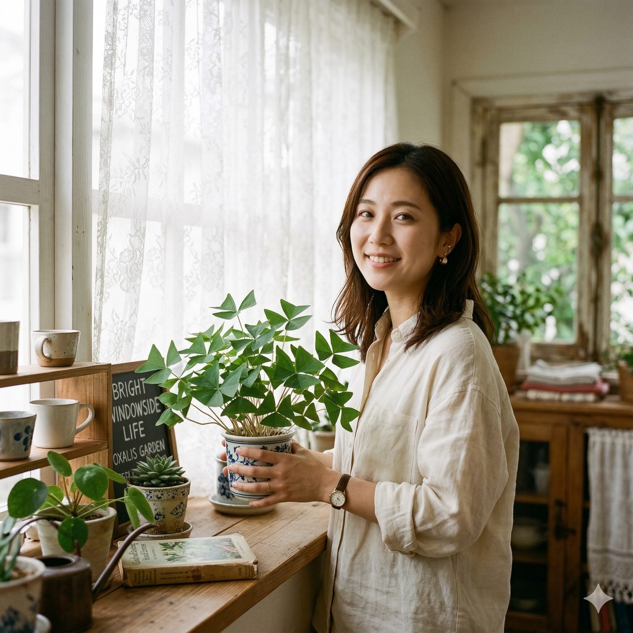 オキザリス 紫 の 舞 育て 方4　室内でレースのカーテン越しの明るい光を受けて育つオキザリスの鉢植え