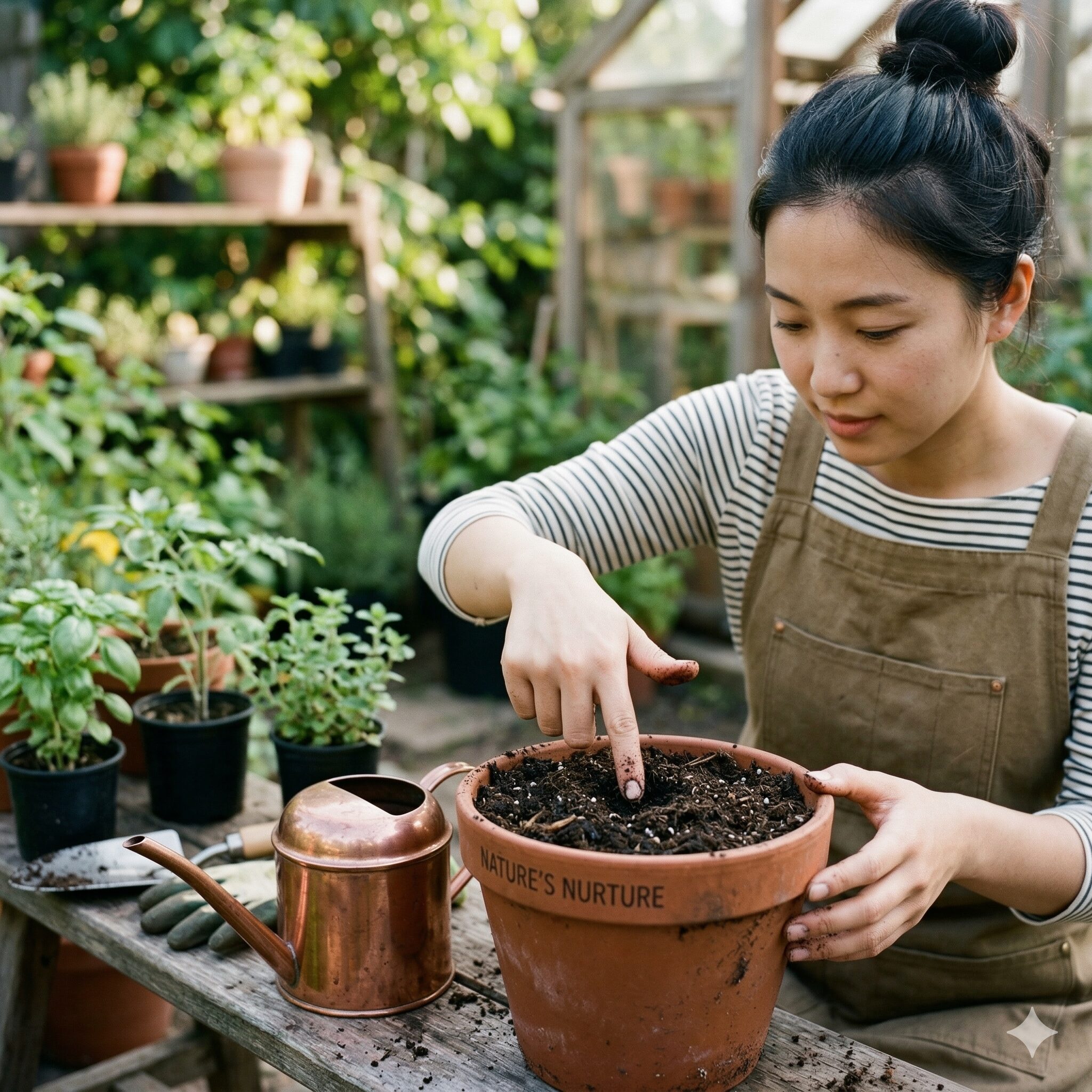 オキザリス 紫 の 舞 育て 方5　オキザリスの水やり前に土の表面の乾燥状態を指で確認する様子