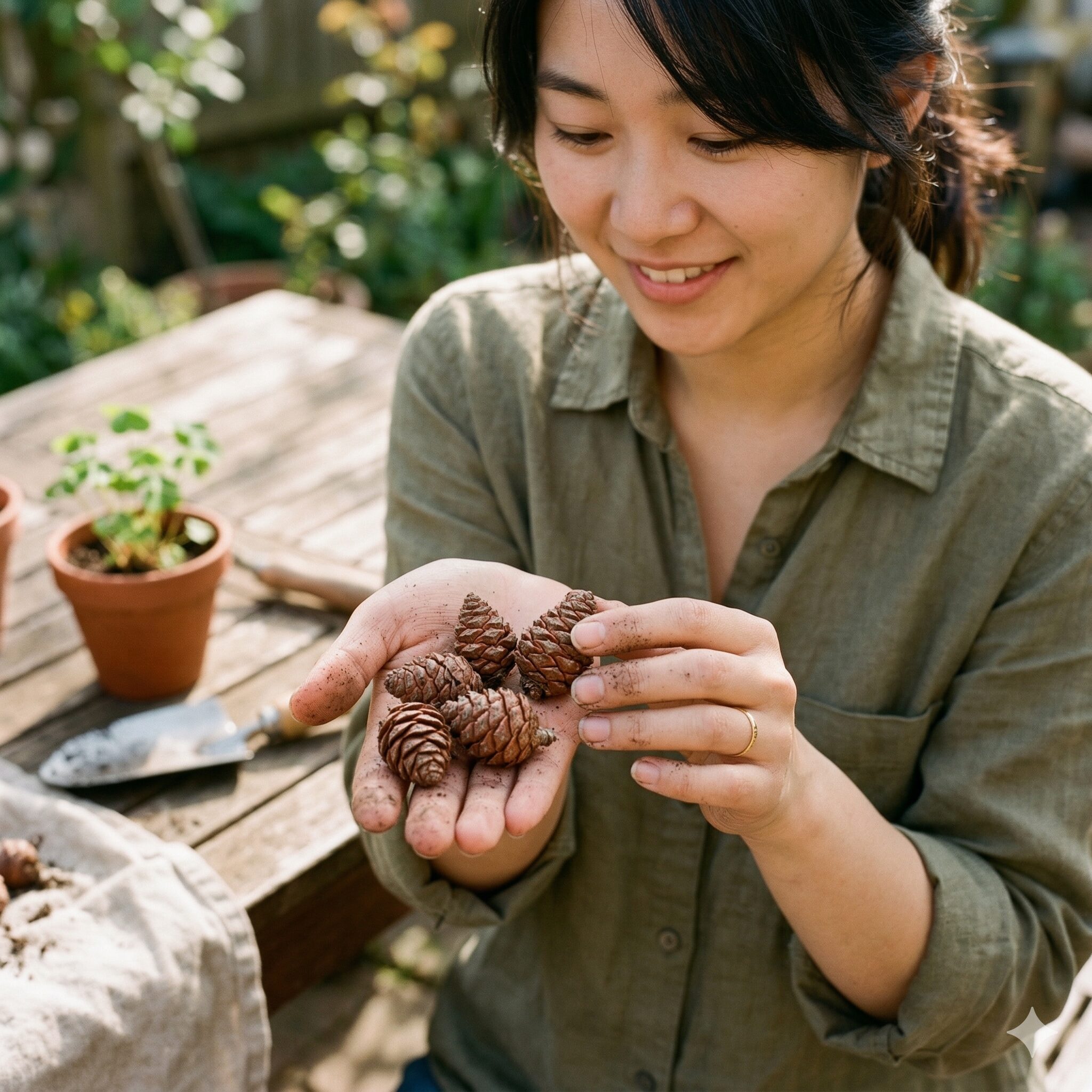 オキザリス 紫 の 舞 育て 方8　分球のために親株から切り離されたオキザリスの松ぼっくり状の球根