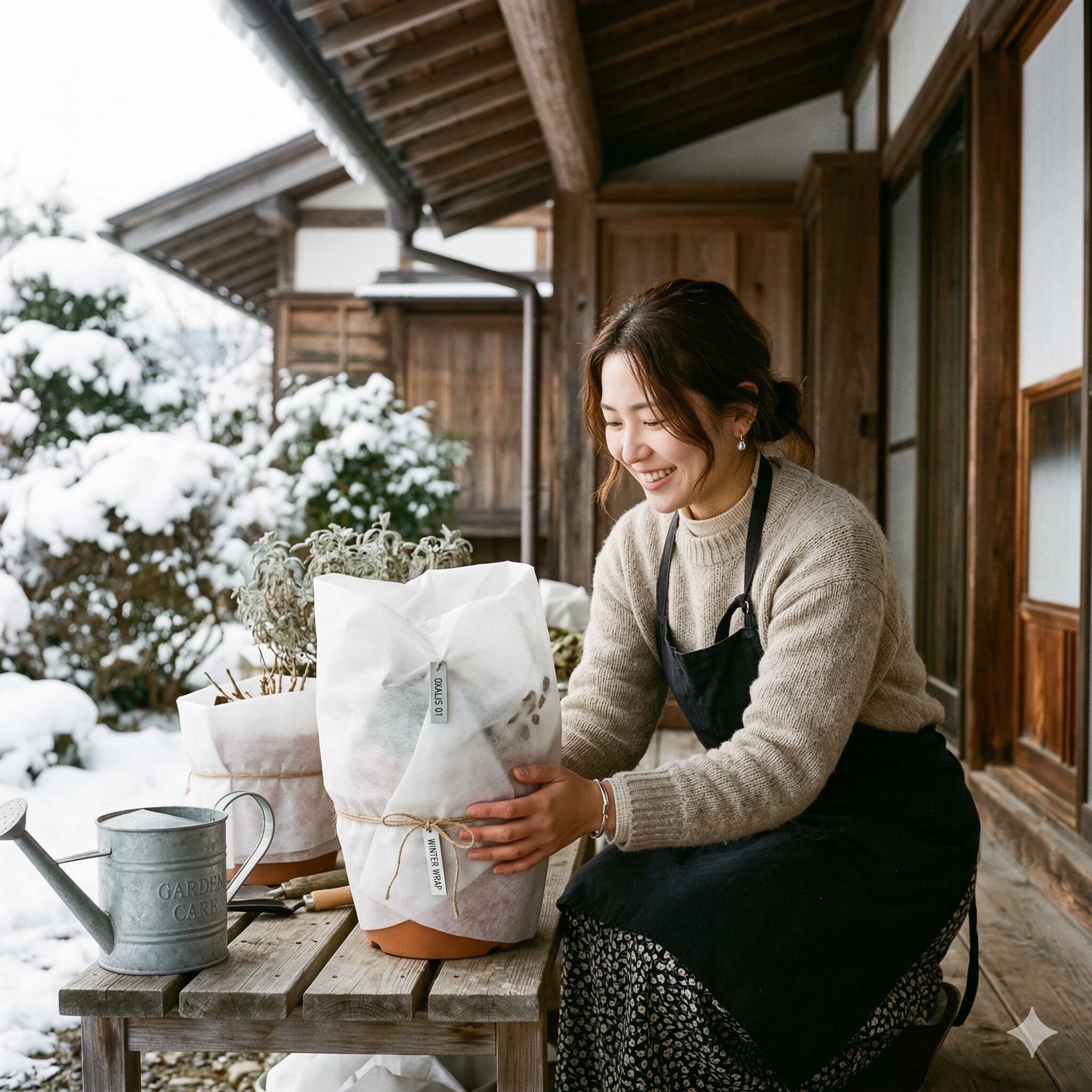 オキザリス 花 が 終わっ たら10　冬の凍結防止のために不織布で保護されたオキザリスの鉢植え