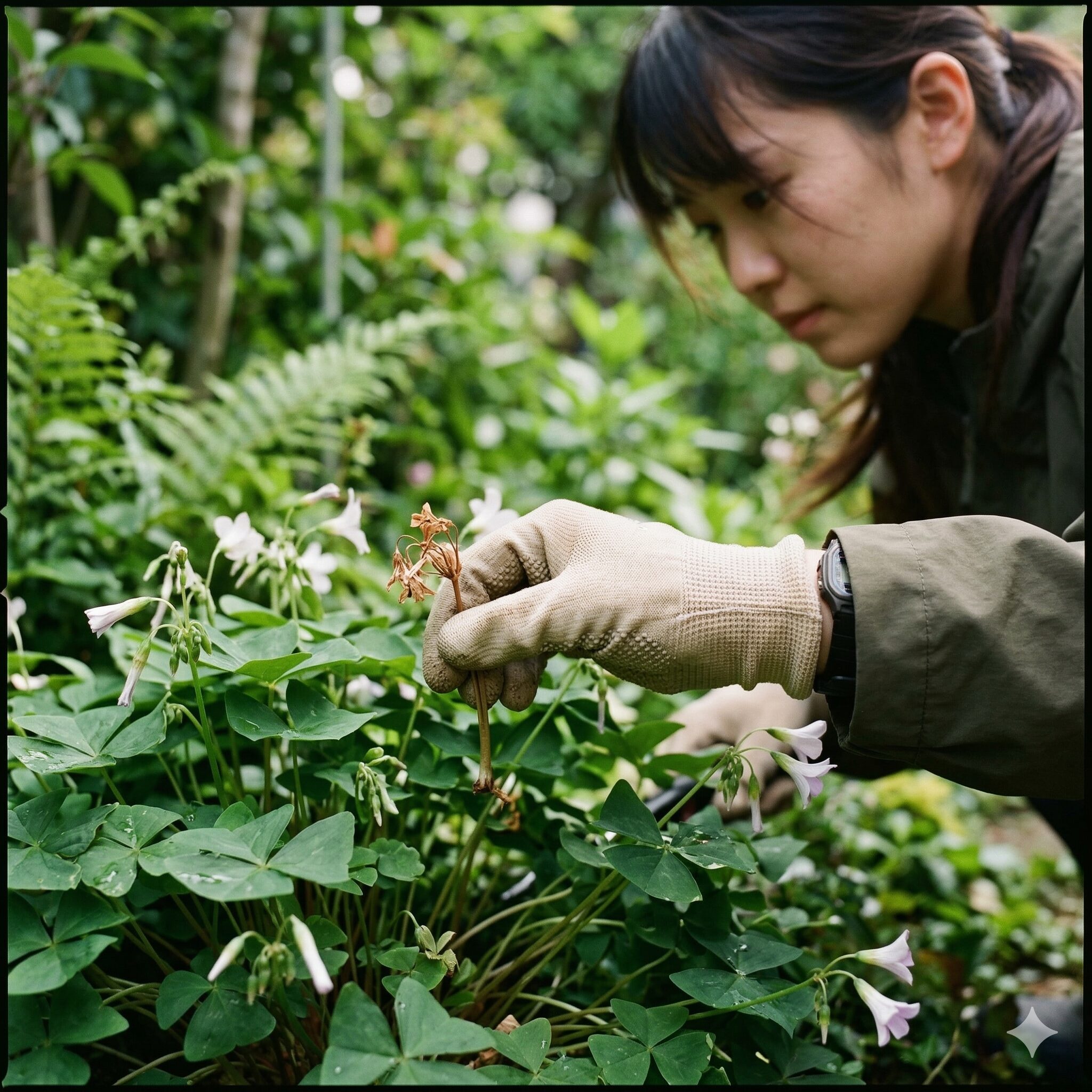 オキザリス 花 が 終わっ たら2　オキザリスの花がらを根元から指で摘み取る正しいメンテナンス方法