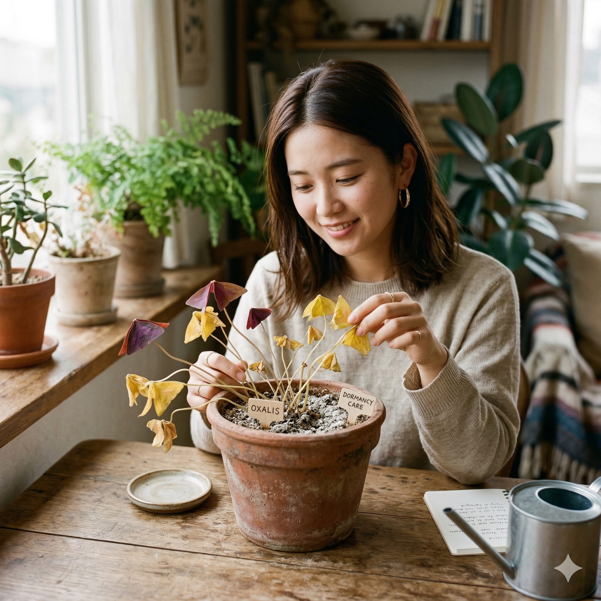 オキザリス 花 が 終わっ たら4　休眠のサインとして葉が黄色く変化し始めたオキザリスの鉢植え