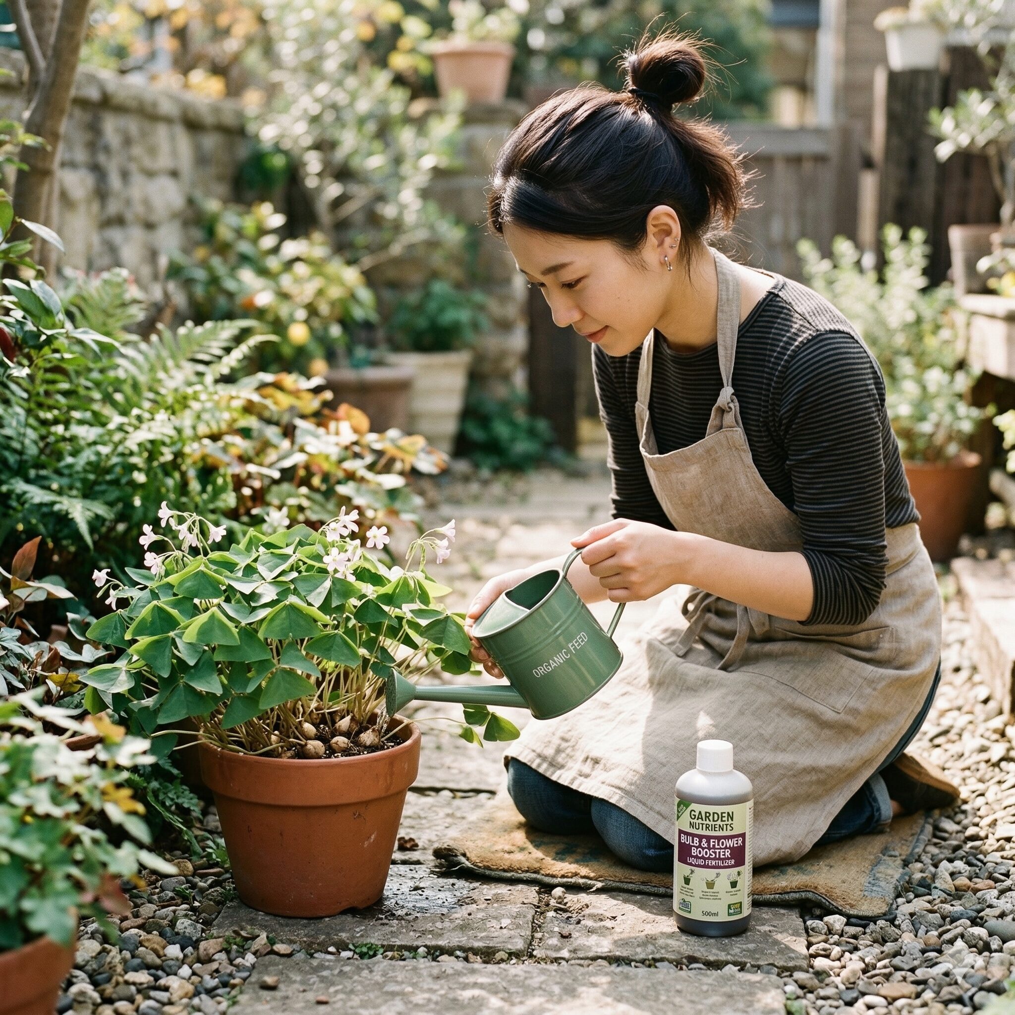 オキザリス 花 が 終わっ たら6　オキザリスの花後に球根肥大を助ける肥料（お礼肥）を与える様子