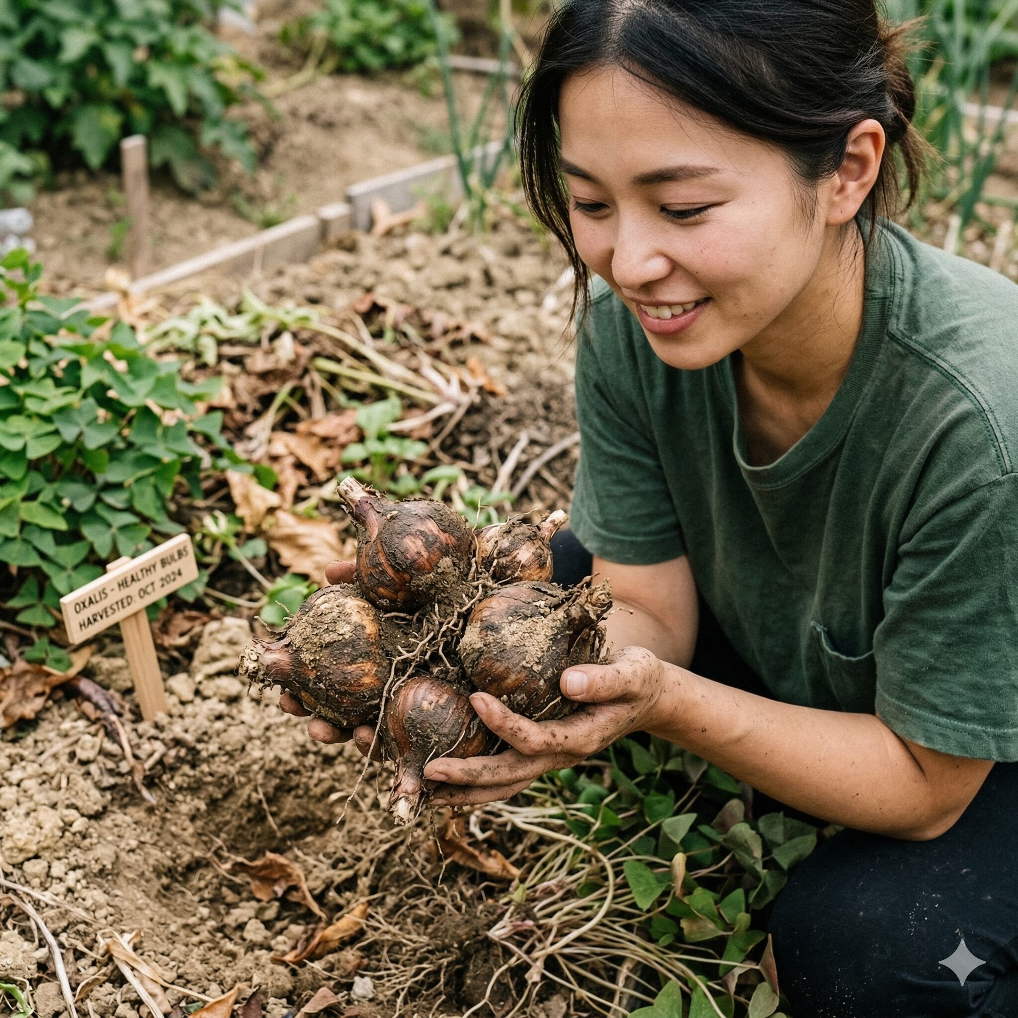 オキザリス 花 が 終わっ たら　土から掘り上げられたオキザリスの健康で太った球根
