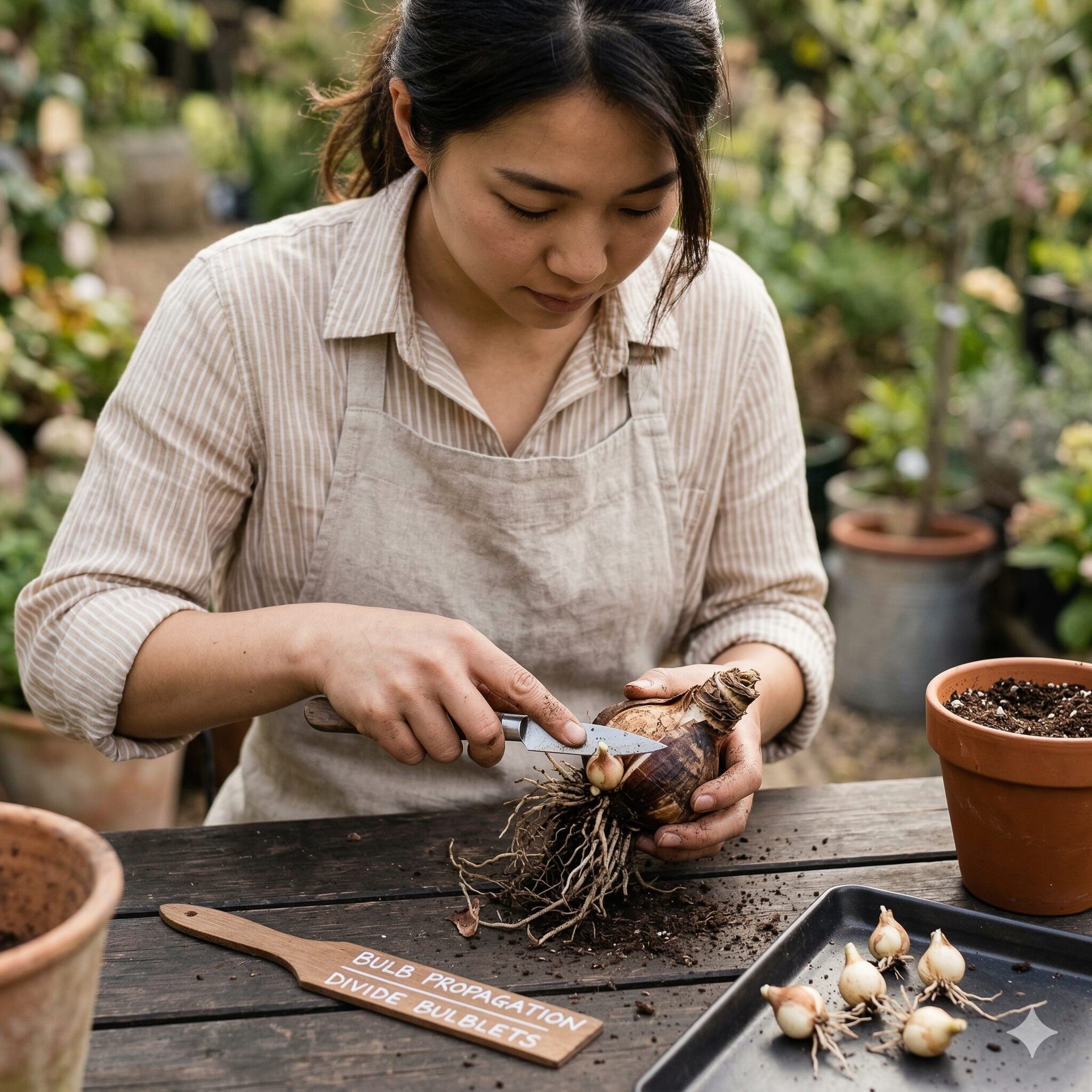 オキザリス 花 が 終わっ たら8　オキザリスの親球から子球を切り離して分球する作業の様子