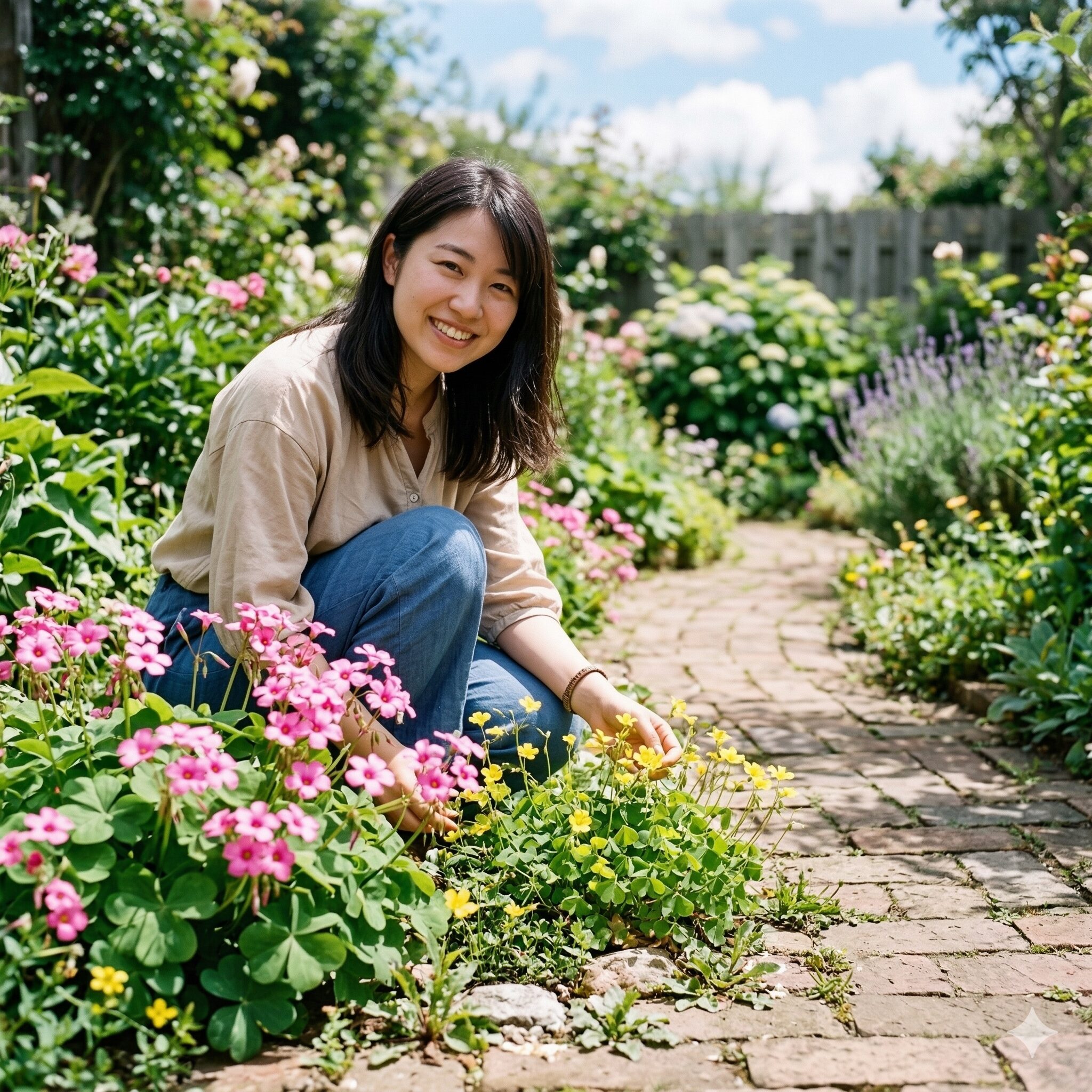 オキザリスとカタバミの違い1　庭の小道に並んで咲く華やかなピンクのオキザリスと野生の小さな黄色のカタバミ