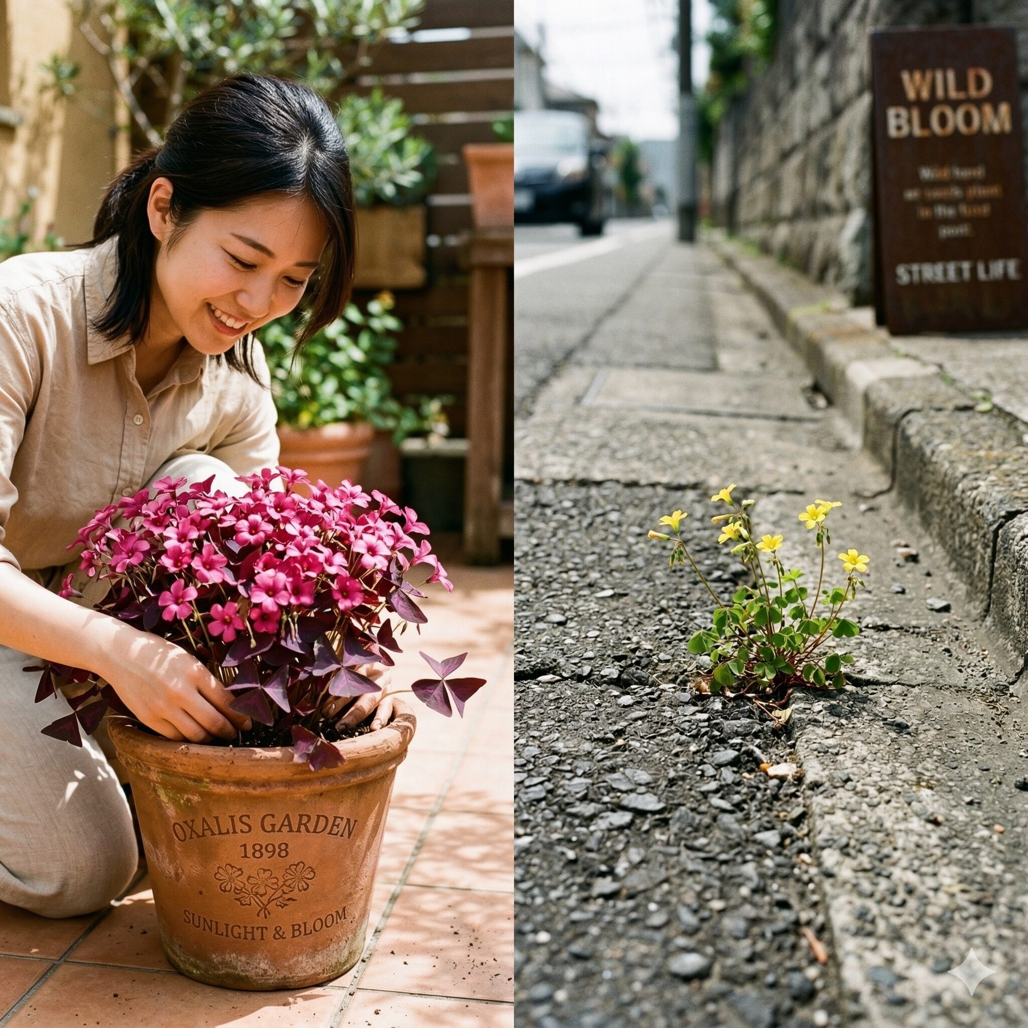 オキザリスとカタバミの違い　鉢植えの観賞用オキザリスと道端の隙間に自生する野生のカタバミの対比