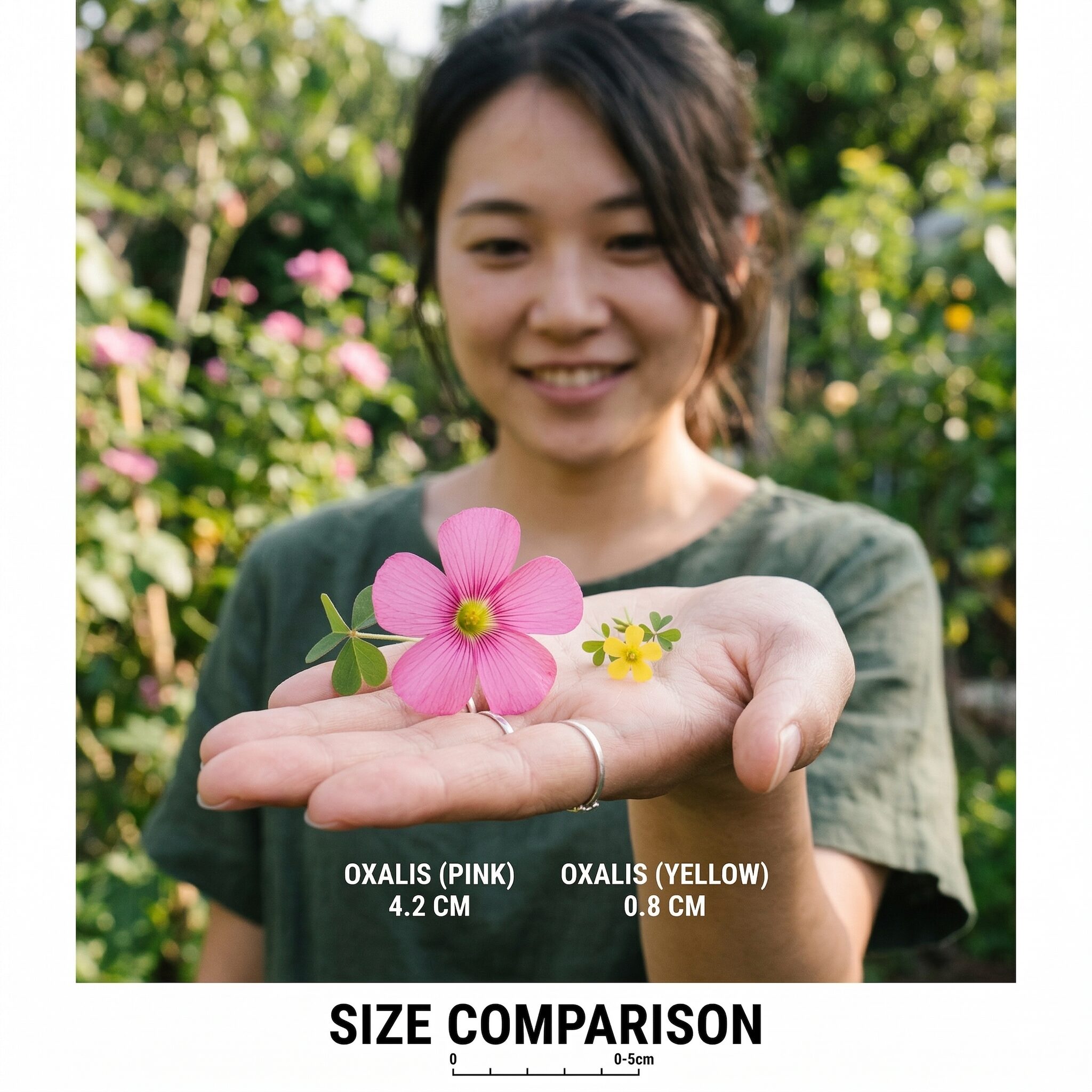 オキザリスとカタバミの違い3　手のひらに置かれたオキザリスとカタバミの花のサイズ比較写真