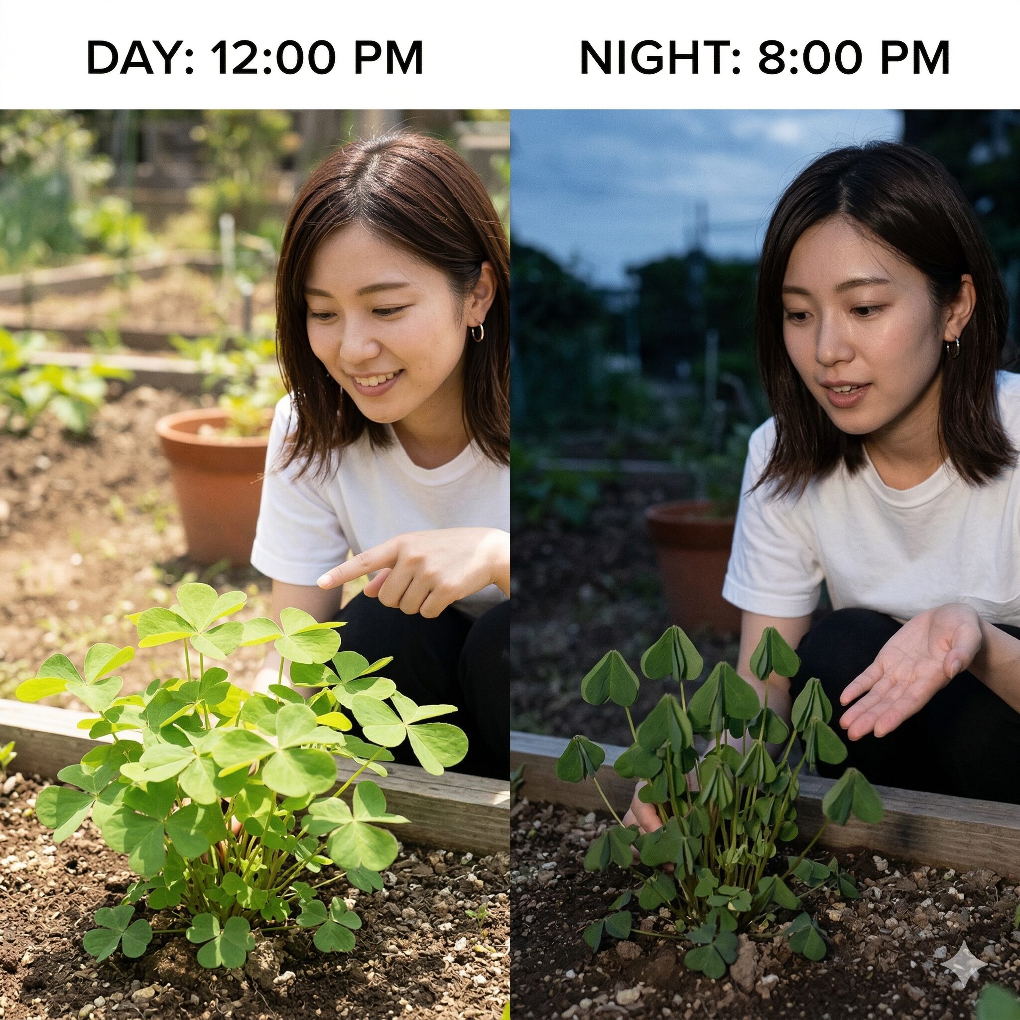 オキザリスとカタバミの違い4　昼間に葉を広げ夜間に葉を閉じるカタバミの就眠運動の様子