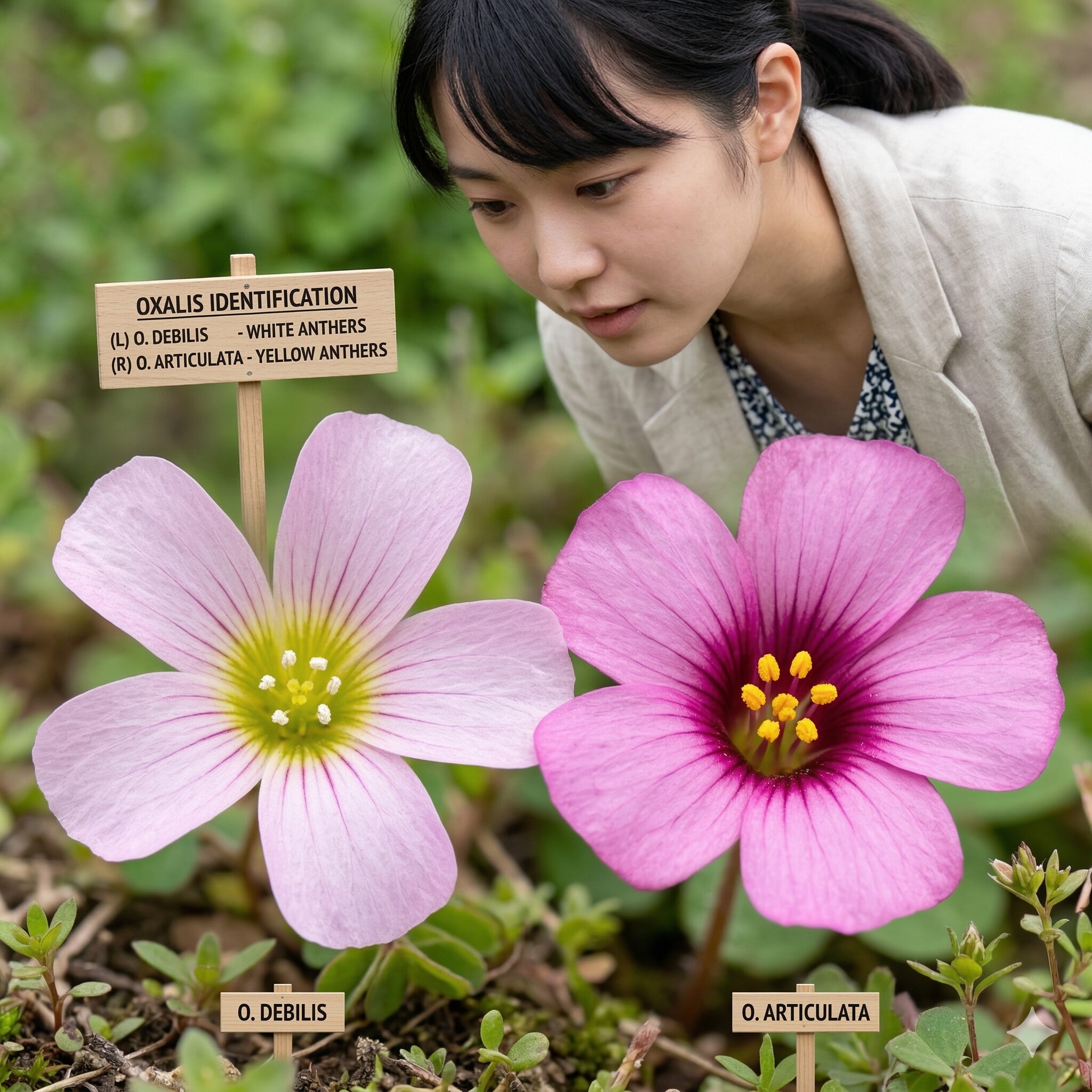 オキザリスとカタバミの違い6　花の中心部と雄しべの葯の色が異なるムラサキカタバミとイモカタバミの接写比較