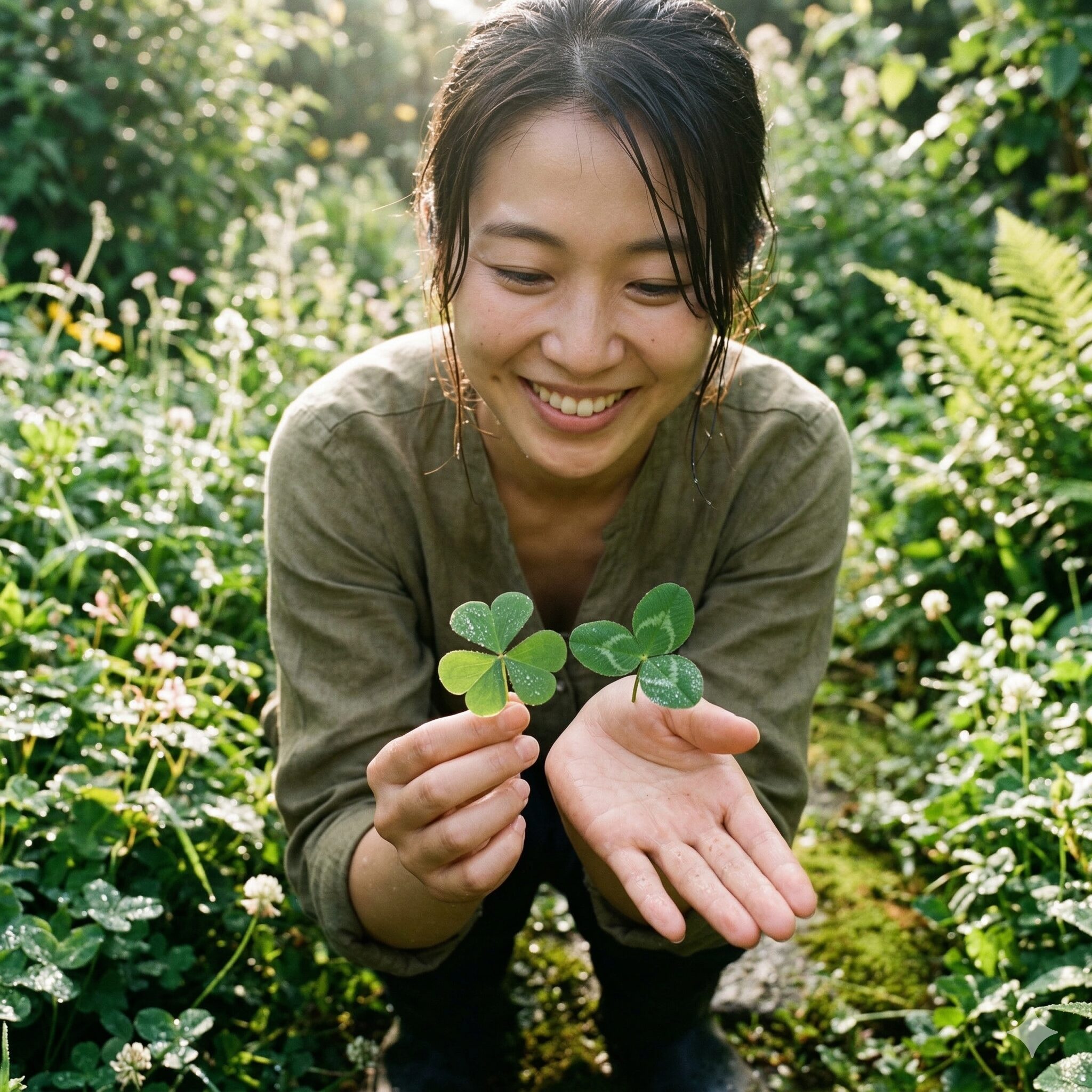 オキザリスとカタバミの違い7　ハート型のカタバミの葉と楕円形で白い模様があるクローバーの葉の違い
