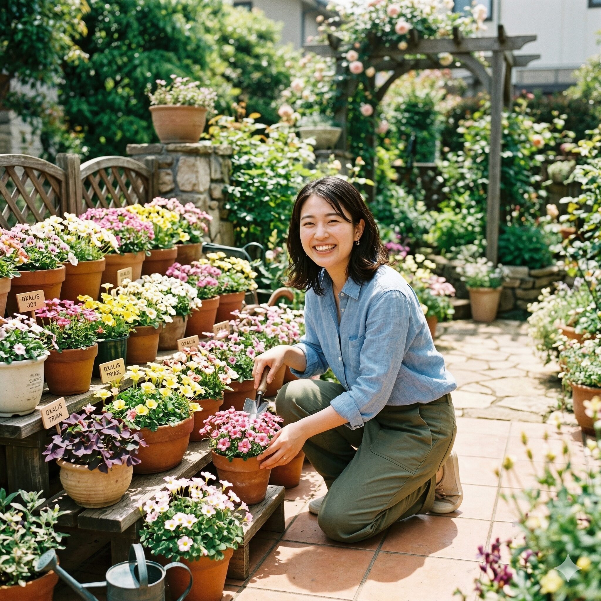 オキザリスとカタバミの違い9　日当たりの良いテラスで満開に咲き誇る色とりどりのオキザリスの鉢植え