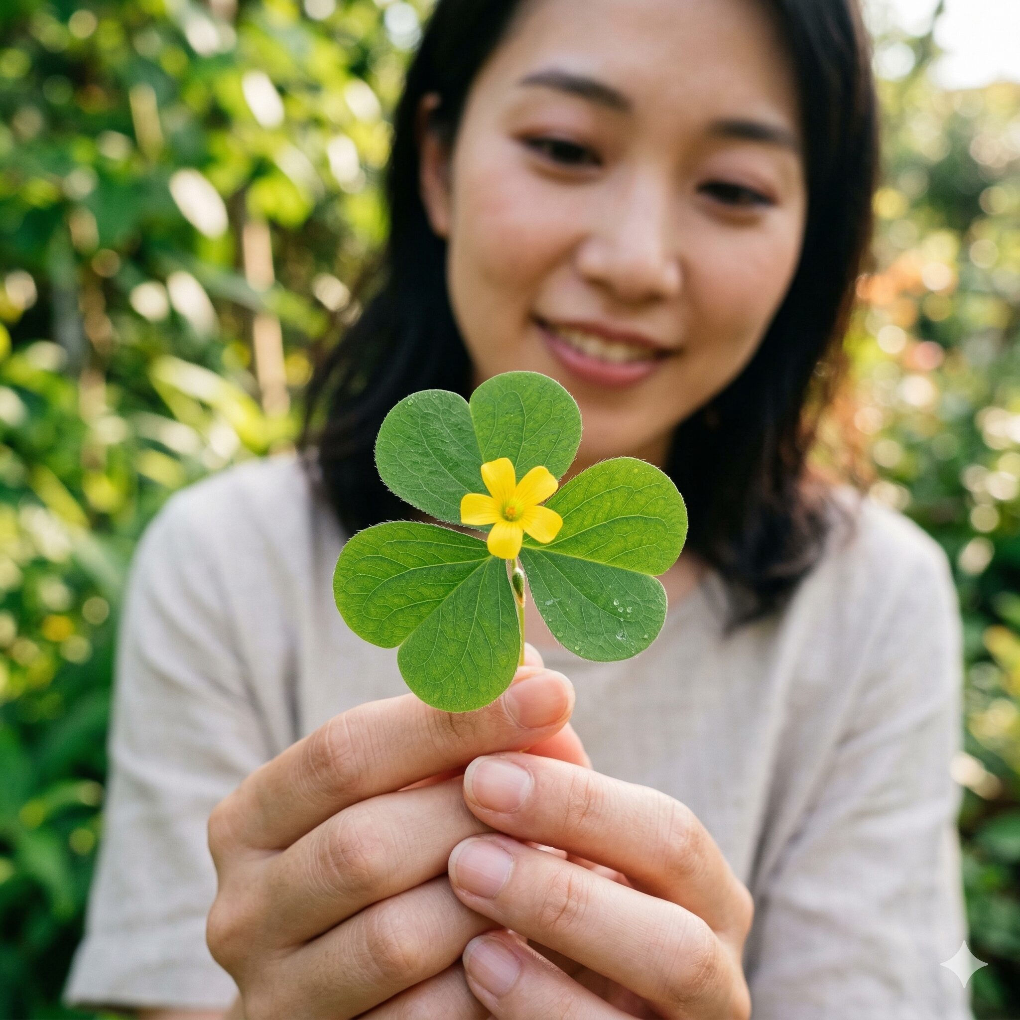オキザリスに似た花2　カタバミの綺麗なハート型の三つ葉と、中心に咲く黄色い小さな花のマクロ写真。
