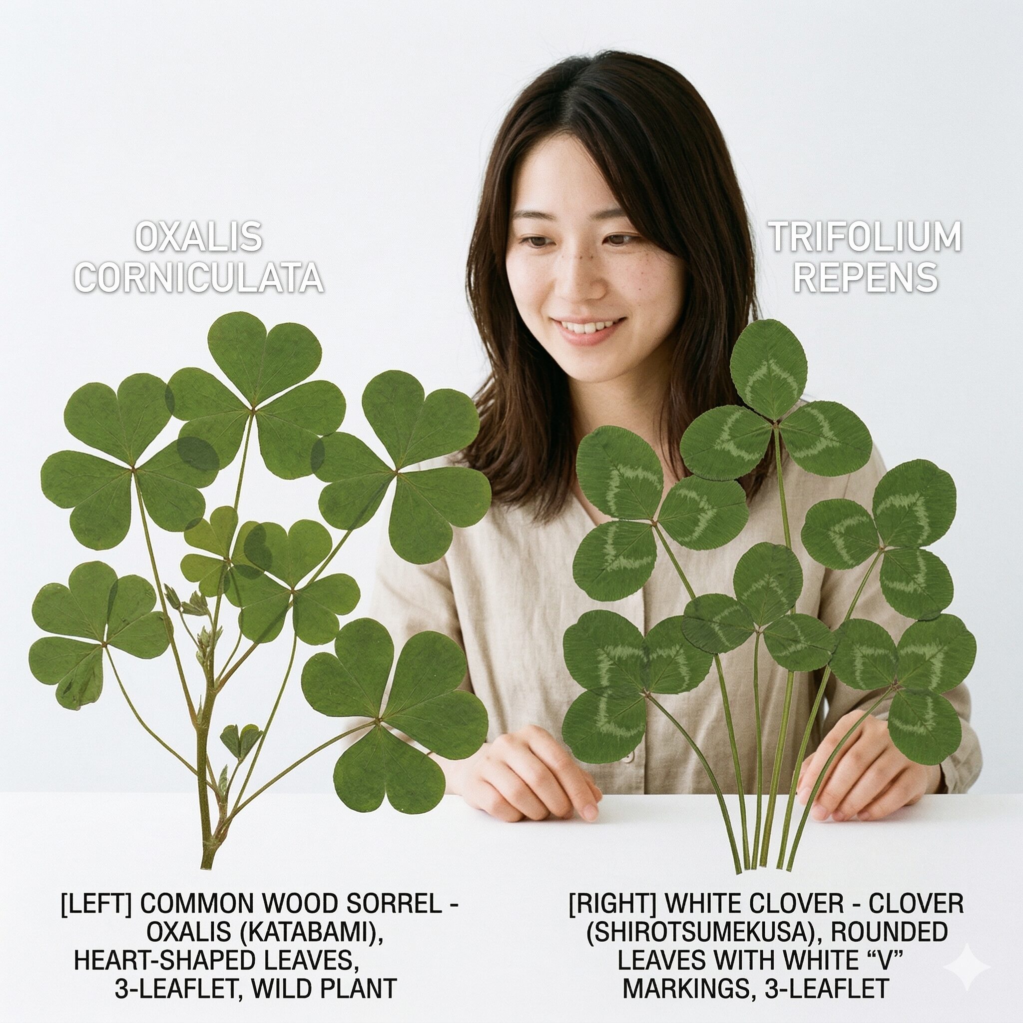 オキザリスに似た花3　オキザリス（左）とクローバー（右）の葉の形状比較。ハート型と丸型、模様の有無の違い。