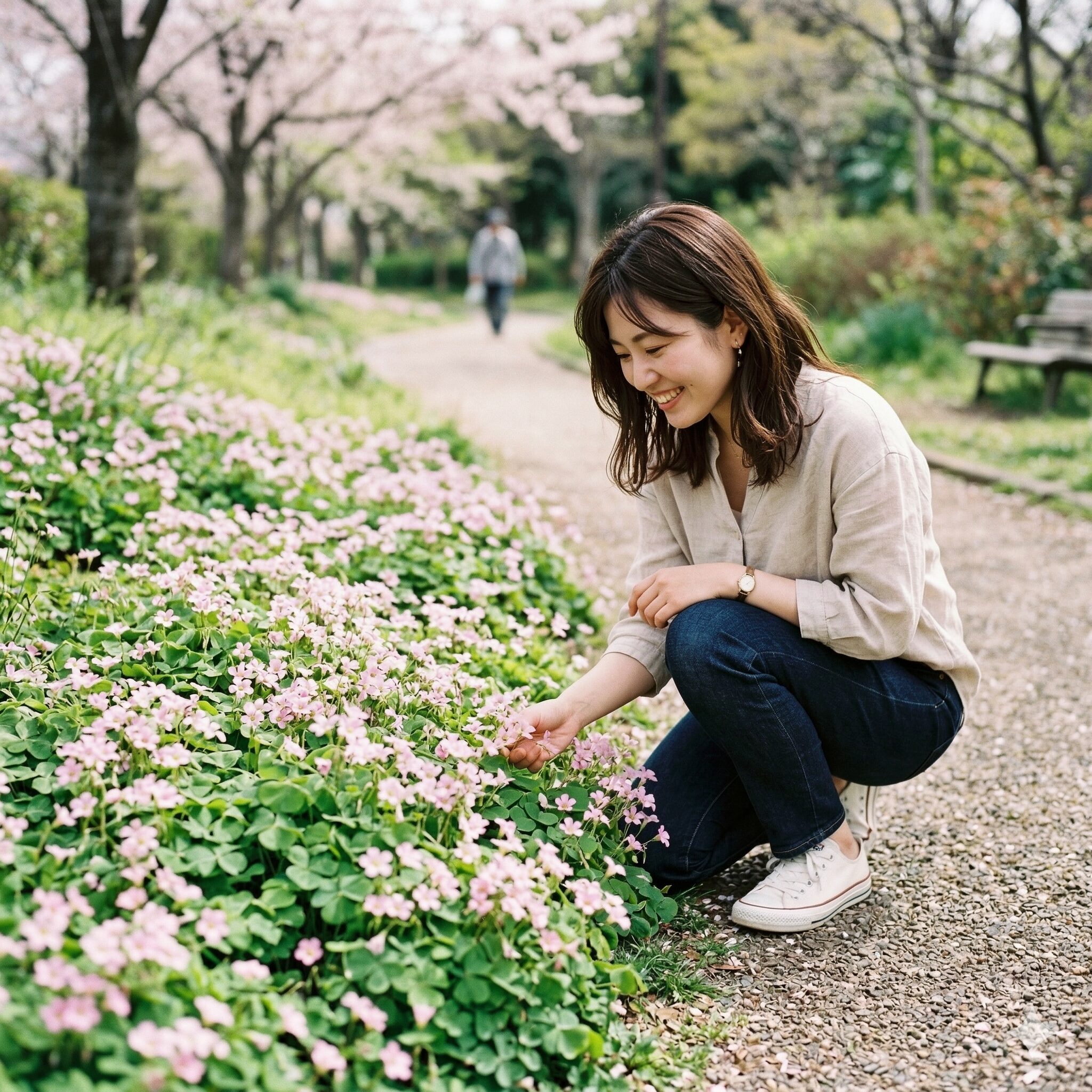 オキザリスに似た花4　道端に群生し、淡いピンク色の花を咲かせる野生化したムラサキカタバミ。