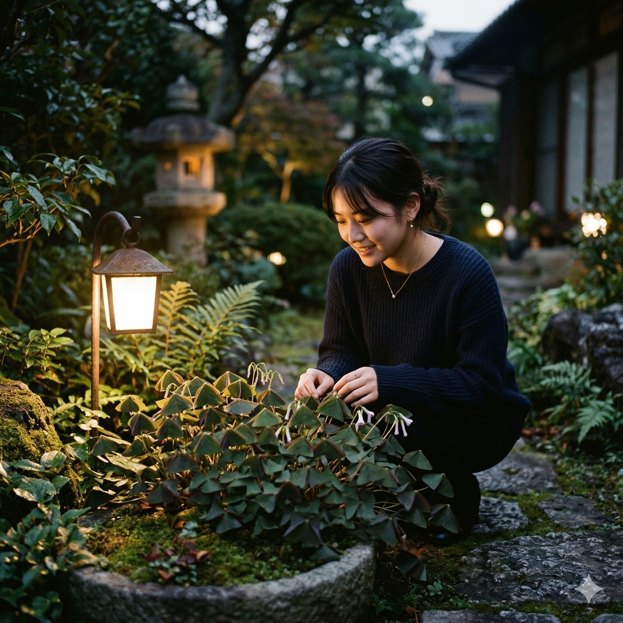 オキザリスに似た花5　夕暮れ時に葉を外側（下向き）に閉じて就眠運動をするオキザリスの葉。