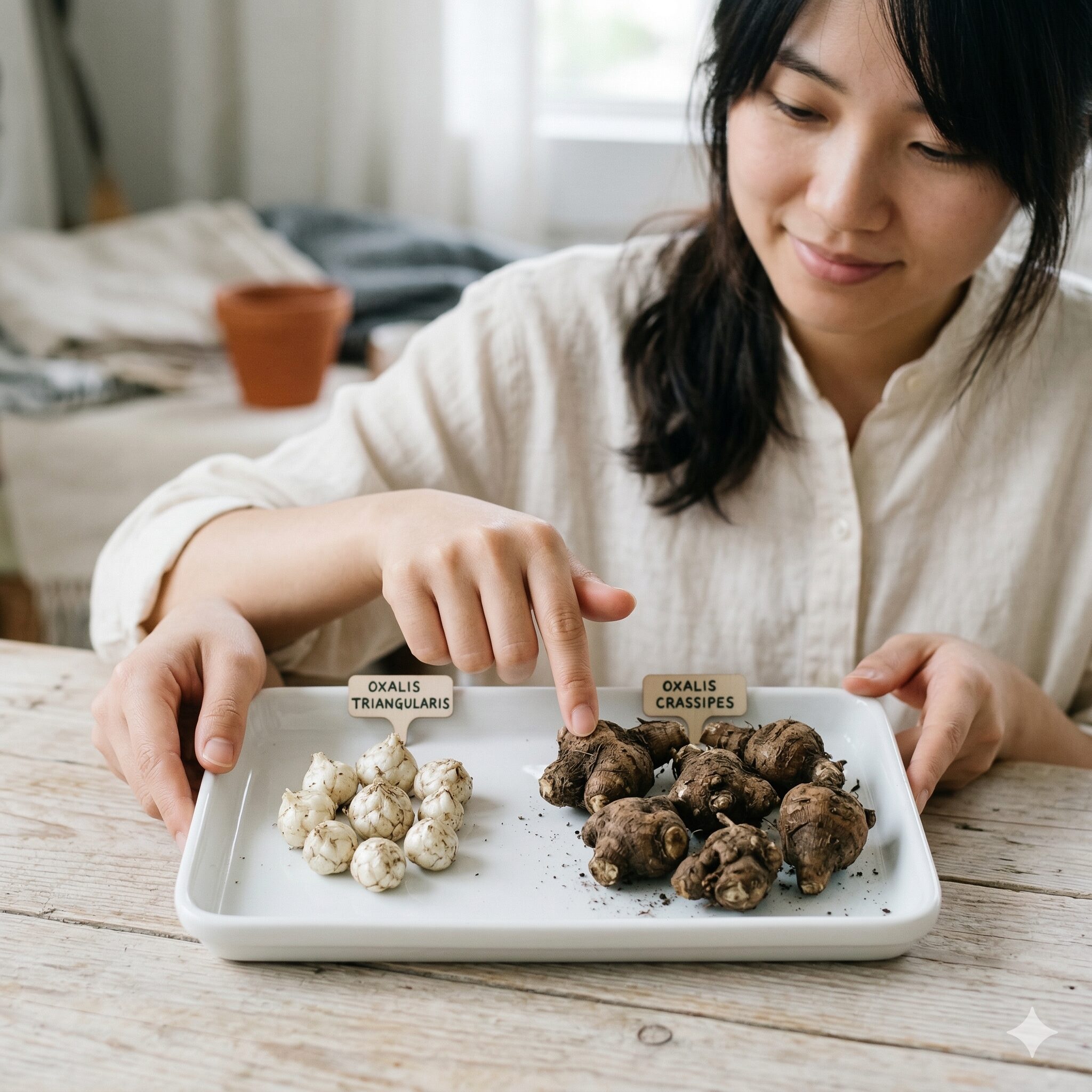 オキザリスに似た花6　ムラサキカタバミの白い鱗茎（左）とイモカタバミの芋状の塊茎（右）の比較写真。