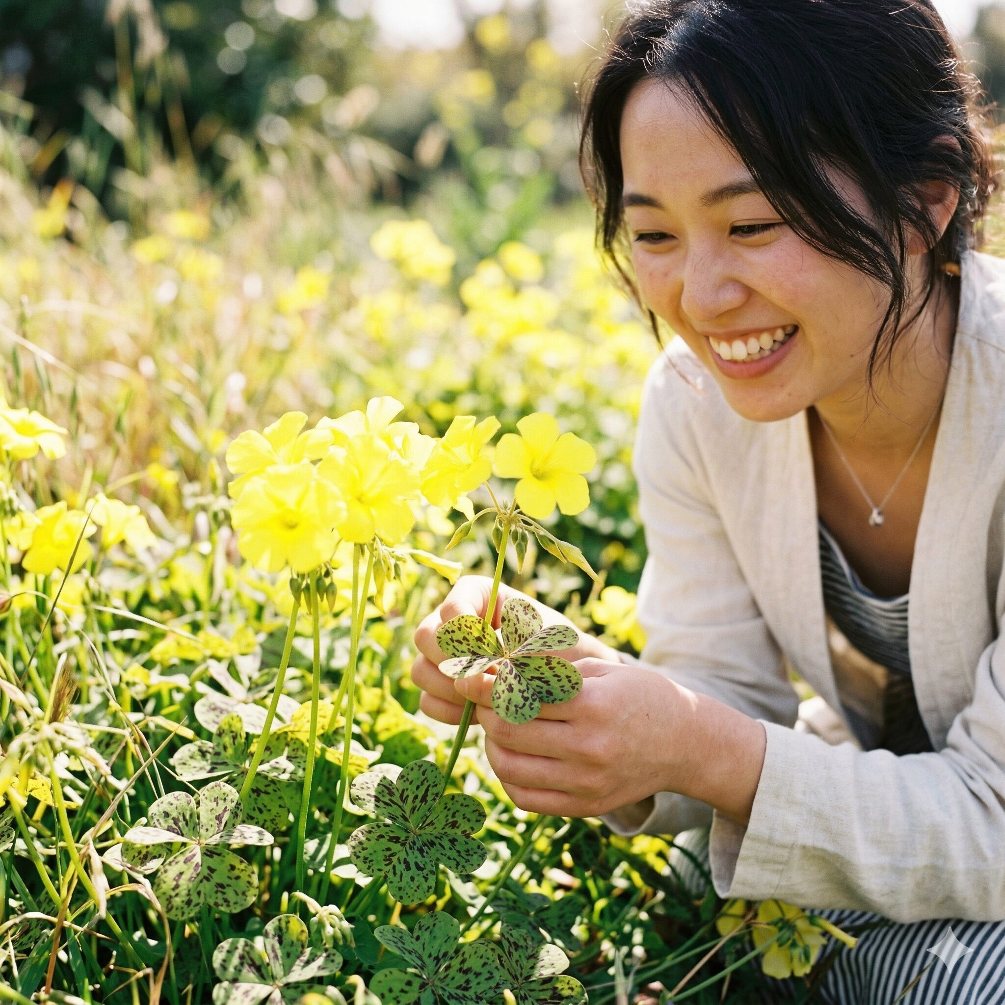 オキザリスに似た花7　紫褐色の斑点があるハート型の葉と、鮮やかな黄色い大輪の花を咲かせるオオキバナカタバミ。