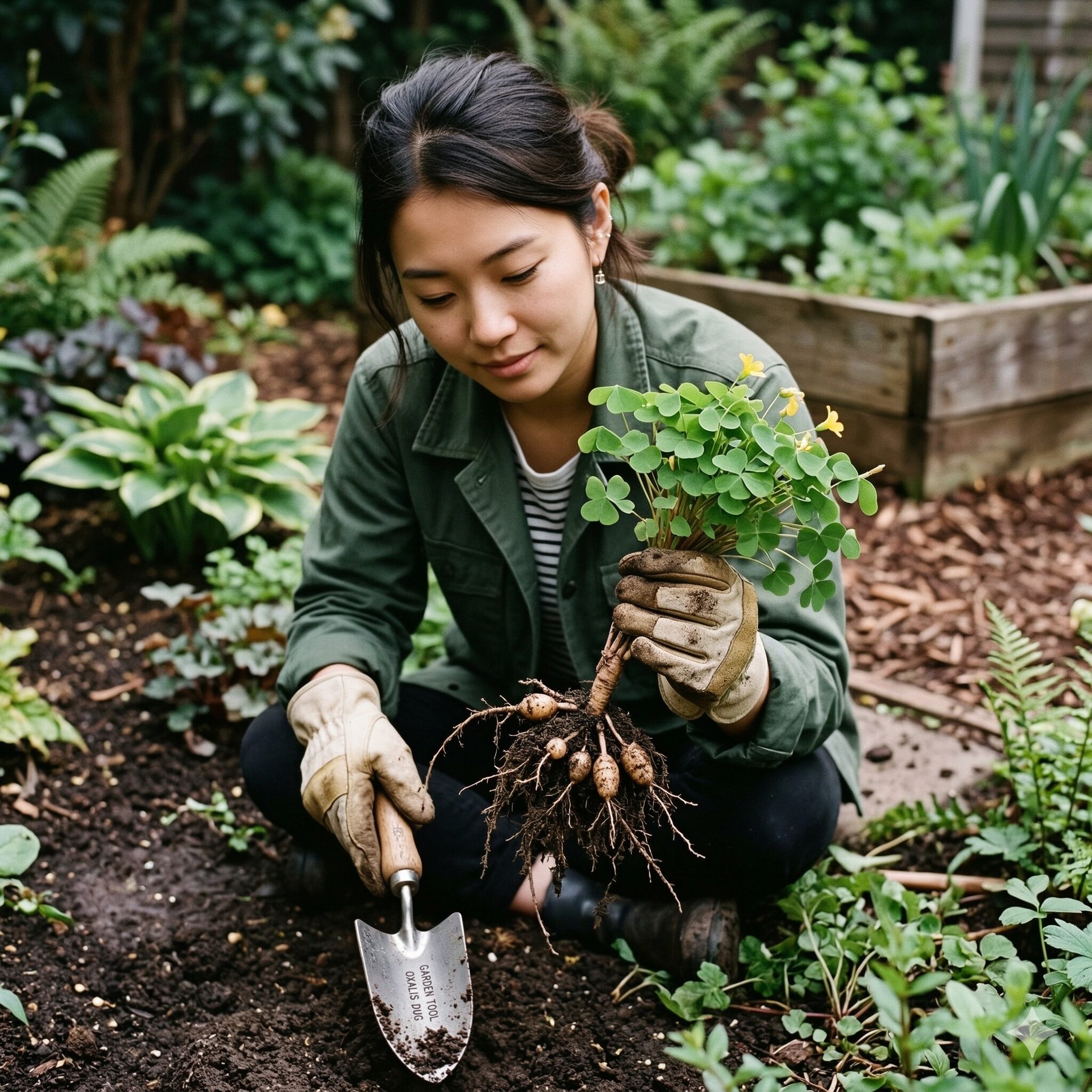 オキザリスに似た花9　庭の土から根こそぎ掘り起こされたカタバミの株。地下の直根と球根の様子。