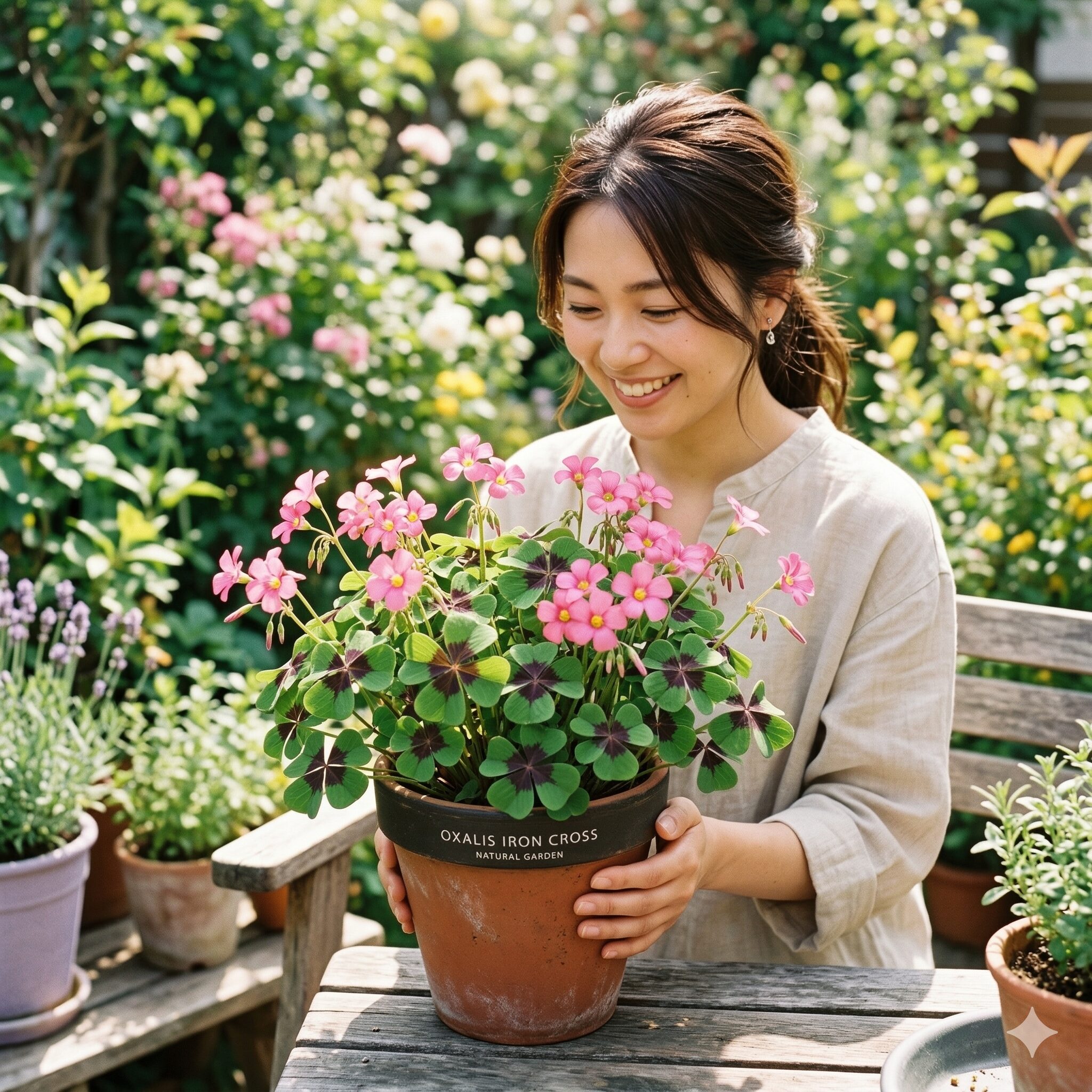 オキザリスアイアンクロス 育て方1　鮮やかなピンクの花と四葉の模様が美しいオキザリスアイアンクロスの鉢植え