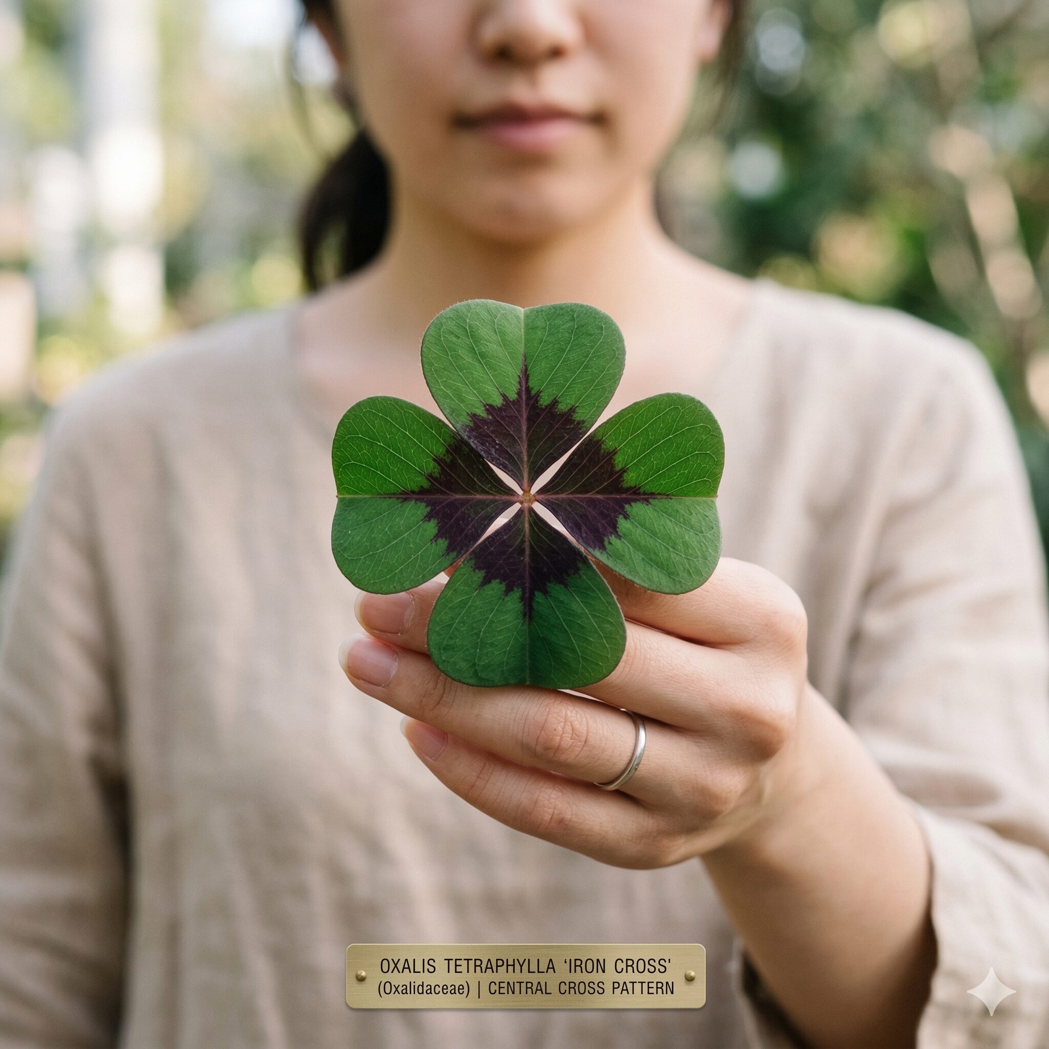 オキザリスアイアンクロス 育て方2　オキザリスアイアンクロスの特徴である四葉と中央の紫色の十字模様