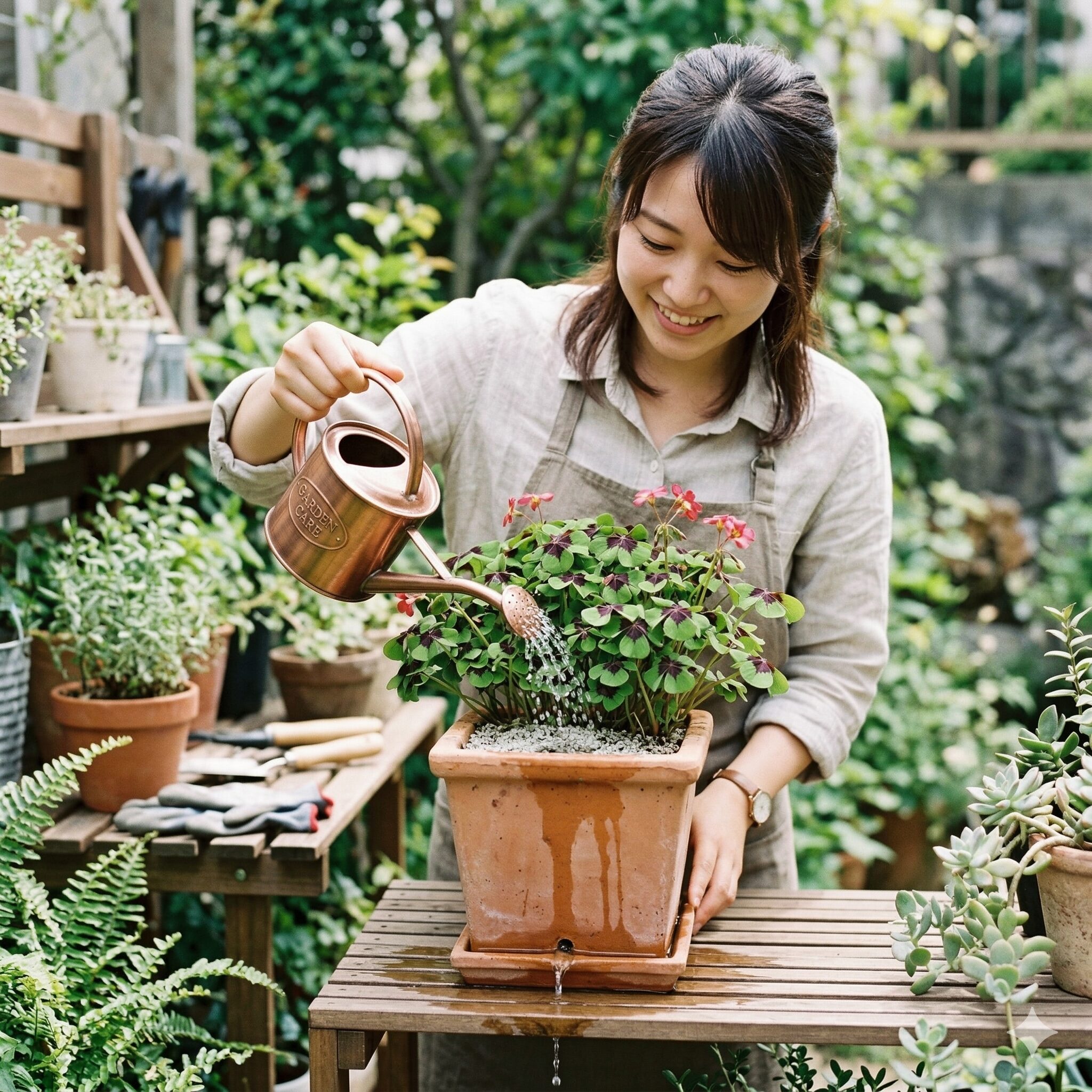 オキザリスアイアンクロス 育て方6　土の表面が乾いたタイミングで鉢底から流れるまでたっぷり水やりをする様子
