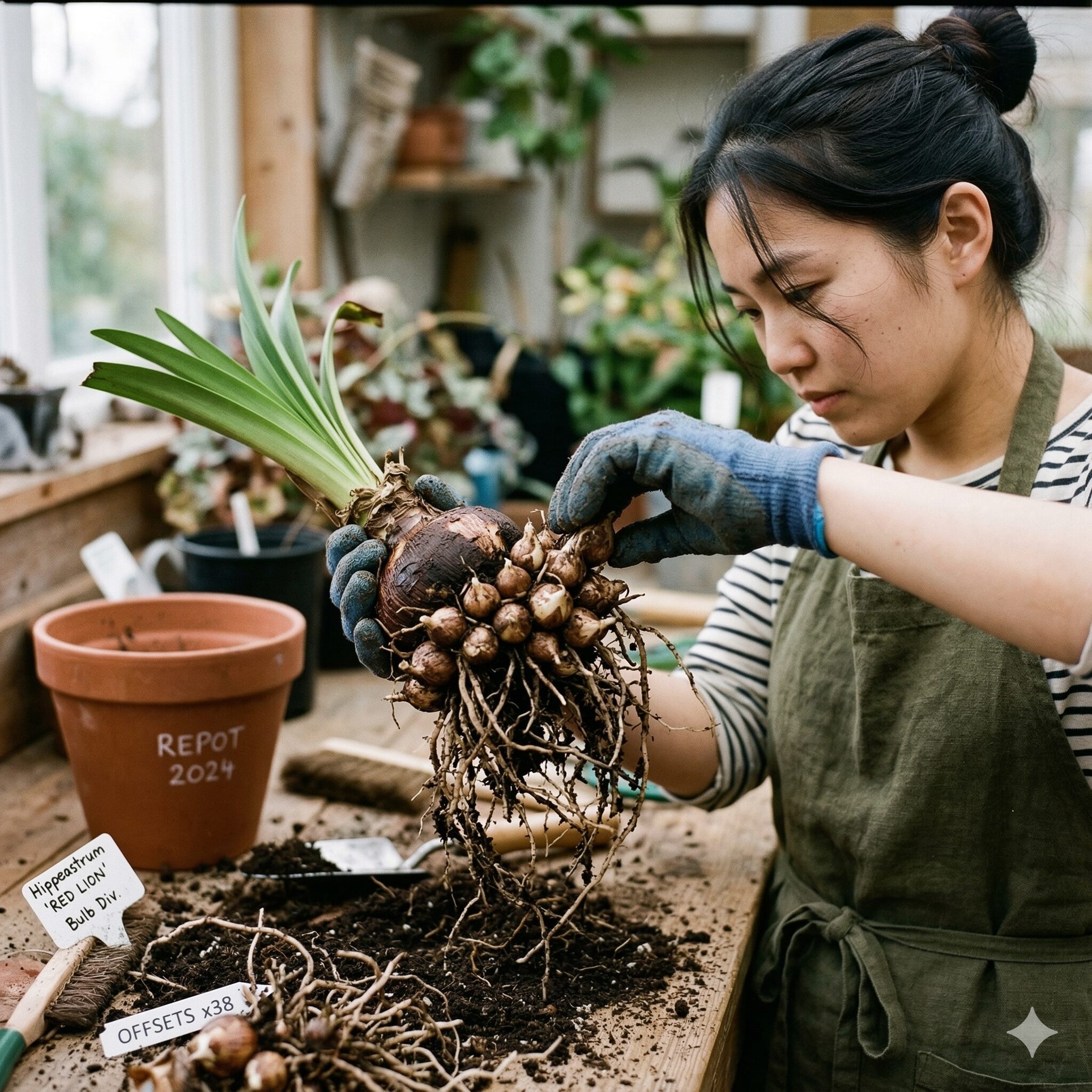 オキザリスアイアンクロス 育て方8　植え替え時に親株の周りにできた小さな子球を分球して増やす様子