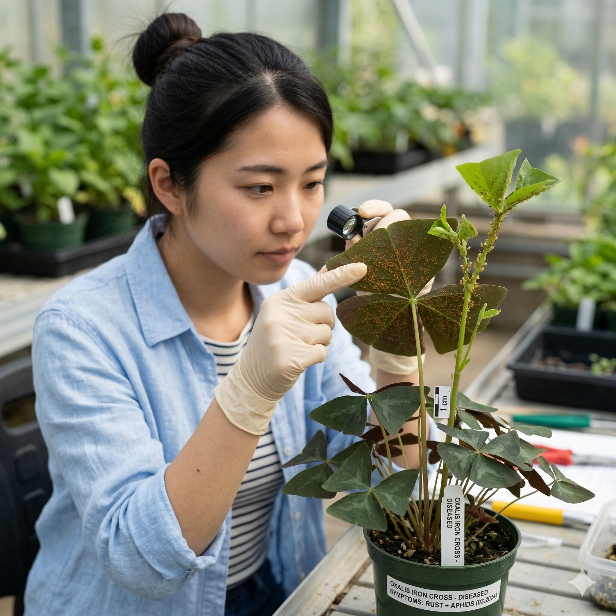 オキザリスアイアンクロス 育て方9　オキザリスの葉に発生したオレンジ色のさび病とアブラムシの被害症状