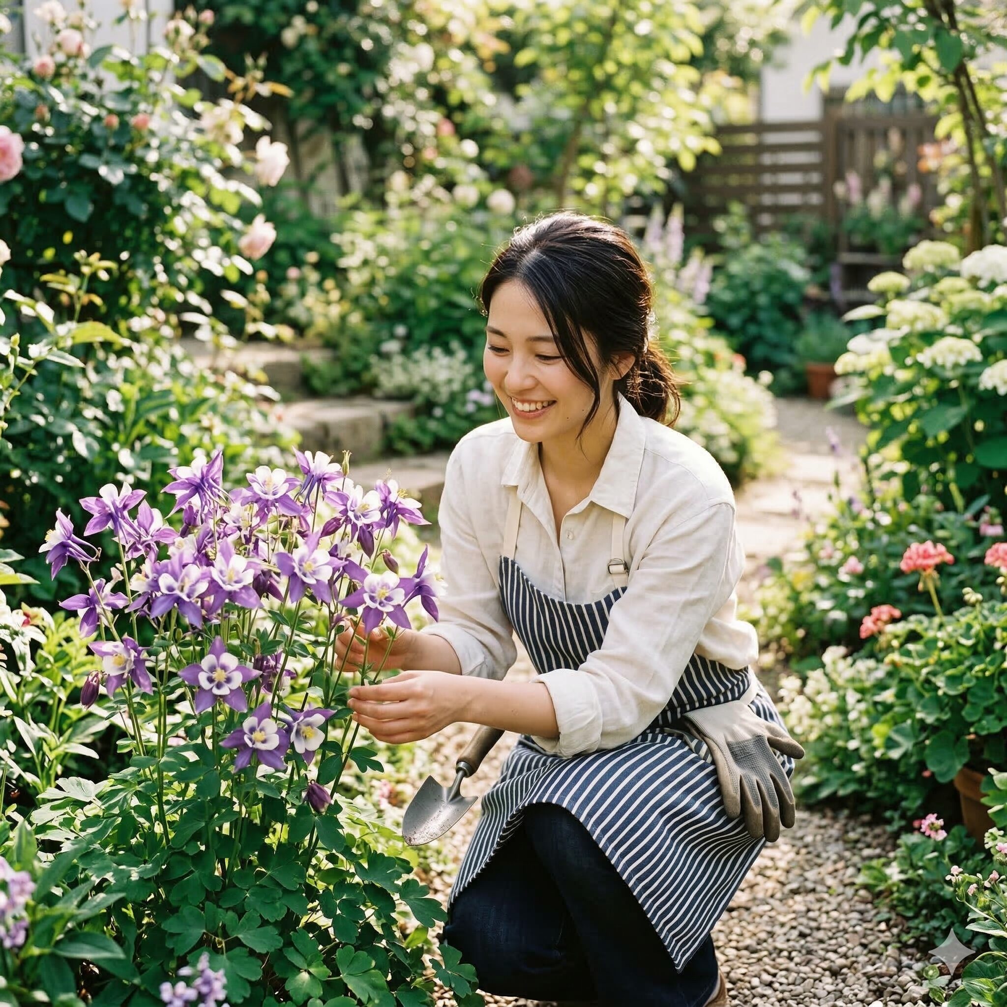 オダマキ 枯れる 原因1　春の庭で美しく開花した紫色のオダマキの花。オダマキが枯れる原因を学び健康に育てるためのイメージ画像。