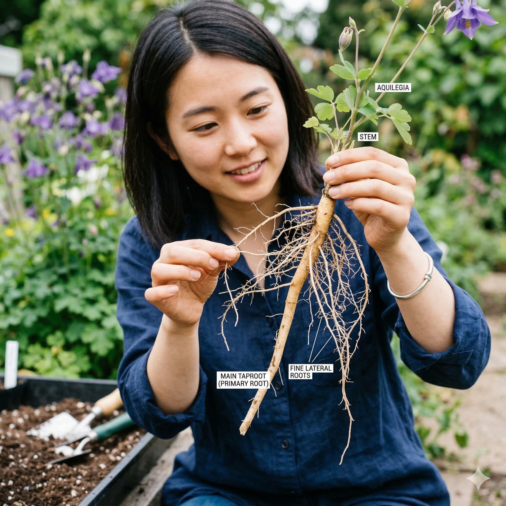 オダマキ 枯れる 原因2　移植に弱い直根性の性質を持つオダマキの太い根の構造。オダマキが枯れる原因となる根のダメージを解説する写真。