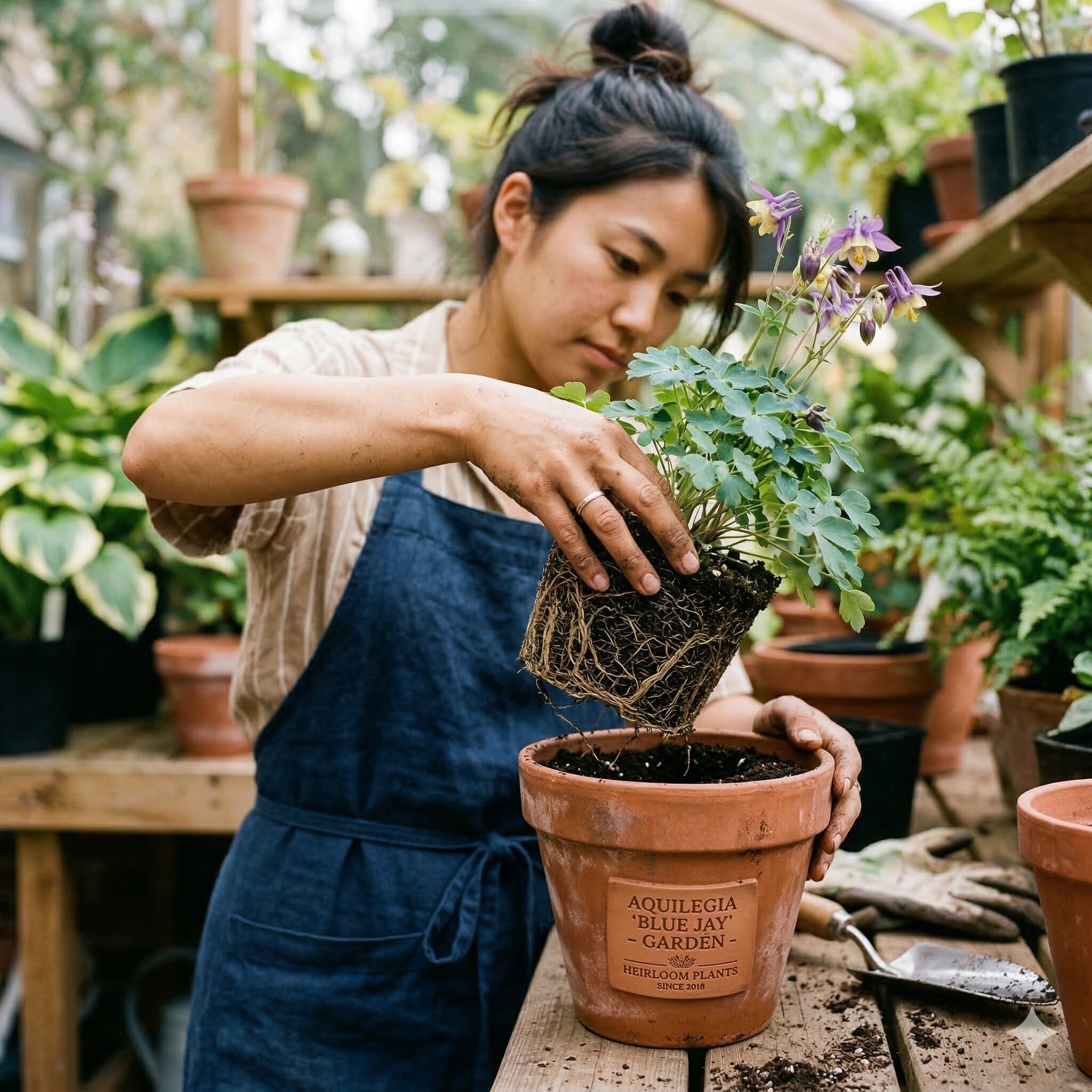 オダマキ 枯れる 原因3　根鉢を崩さないように慎重に行うオダマキの植え替え作業。オダマキが枯れる原因を防ぐ正しい植え付け方法。