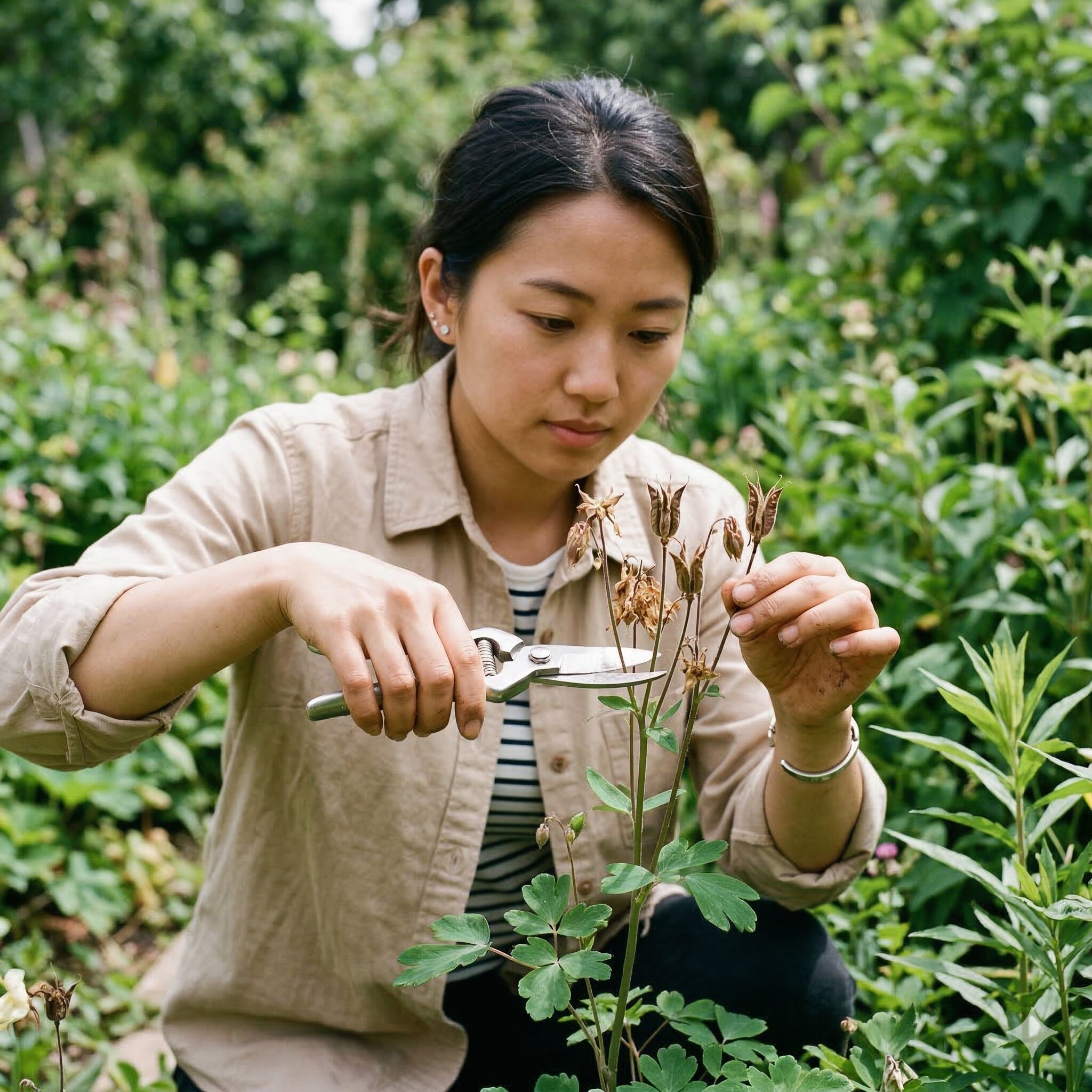 オダマキ 枯れる 原因4　株の老化を防ぐためのオダマキの花がら摘み。オダマキが枯れる原因となるエネルギー消耗を抑える剪定作業。