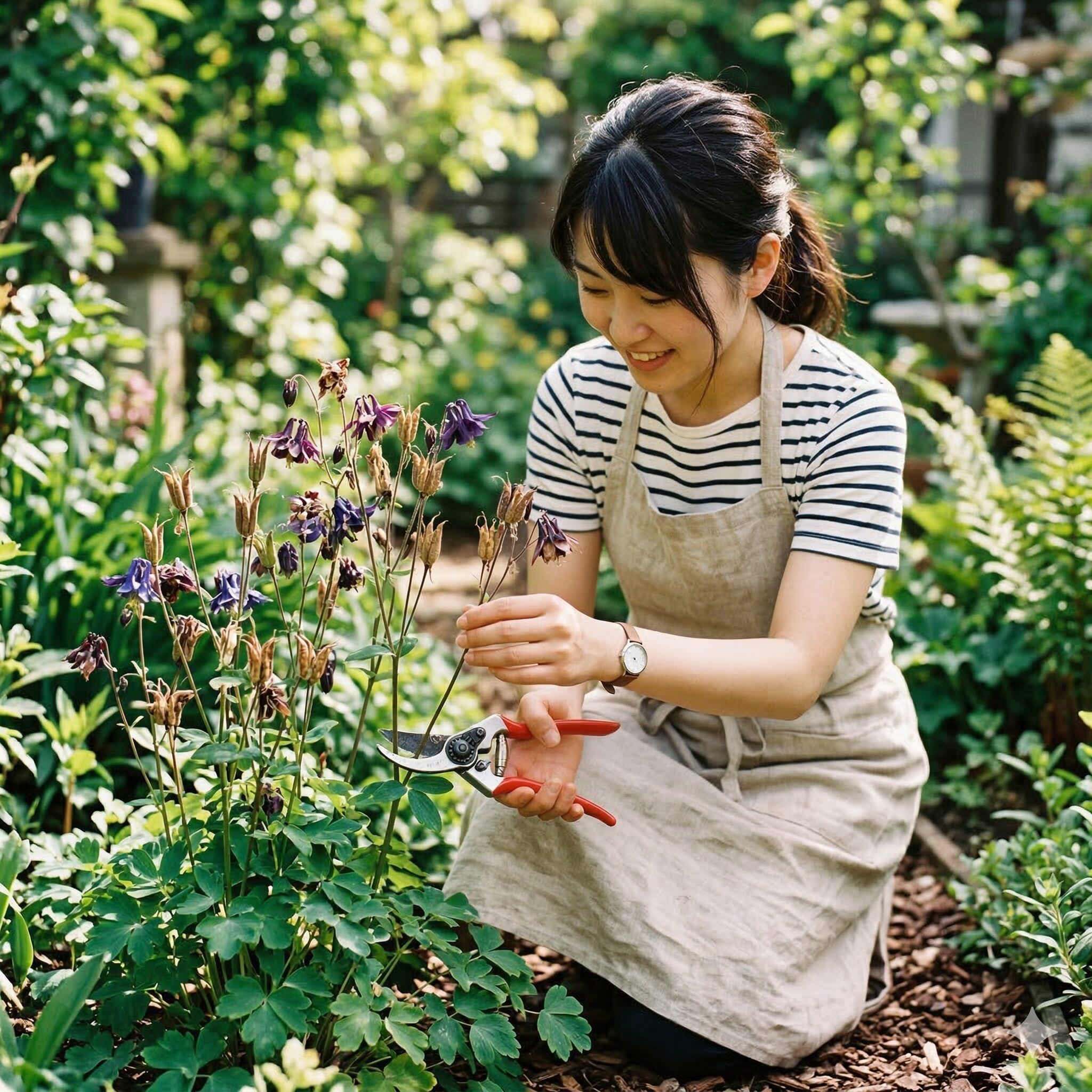 オダマキ 枯れる 原因6　遮光ネットの下で夏越しをさせるオダマキ。高温多湿による蒸れがオダマキが枯れる原因になるのを防ぐ管理風景。