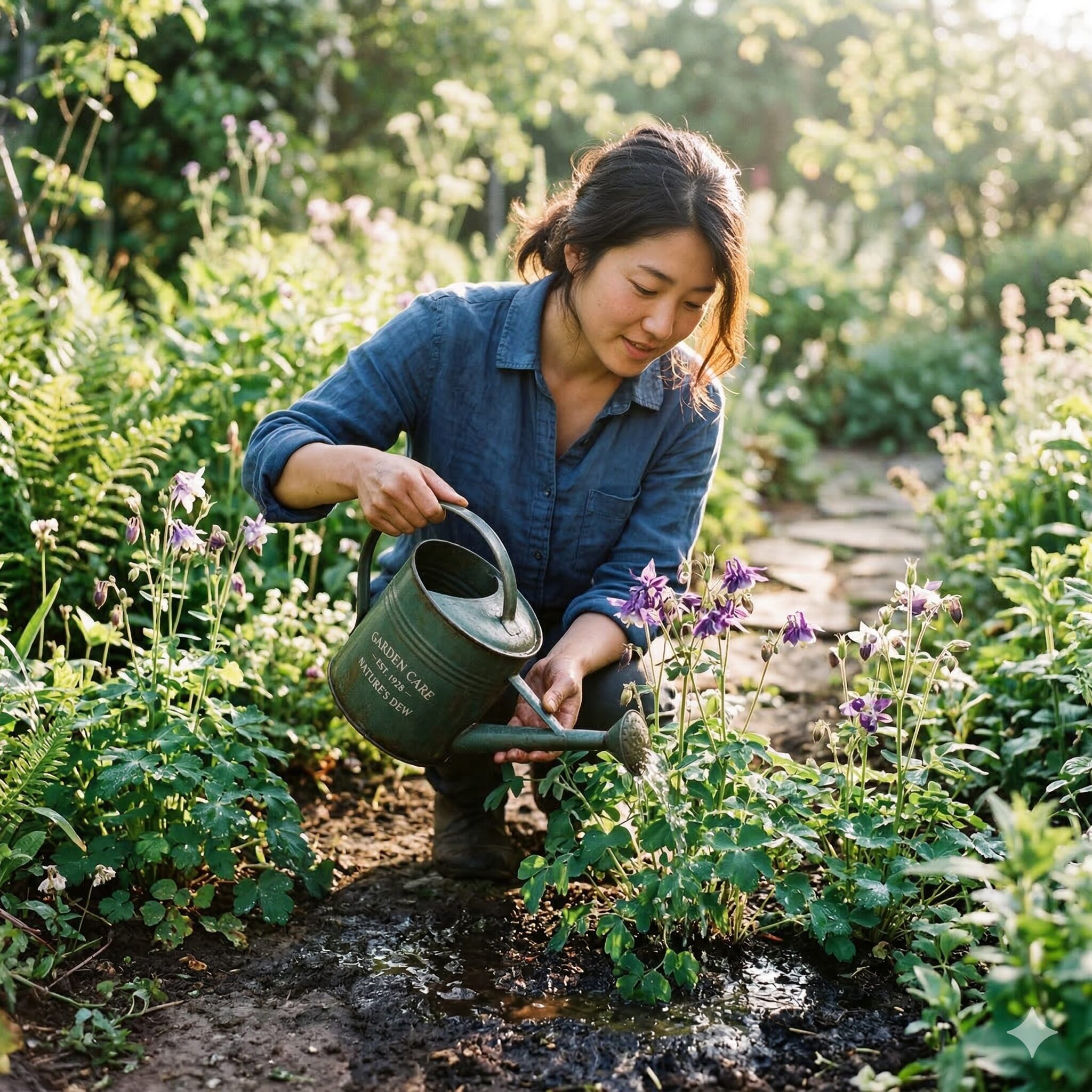 オダマキ 枯れる 原因7　夏の早朝に行うオダマキへの適切な水やり。根腐れや水切れがオダマキが枯れる原因になるのを防ぐ水分管理。