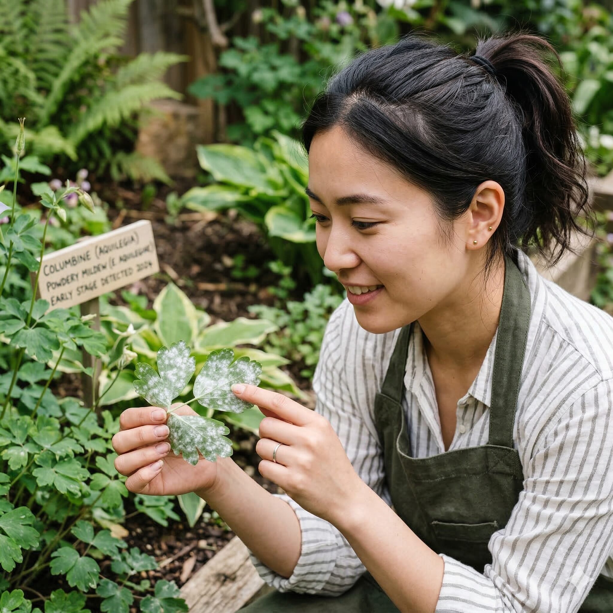 オダマキ 枯れる 原因8　オダマキの葉に発生した白い粉状のうどんこ病の症状。病気がオダマキが枯れる原因になる前に発見するための診断画像。
