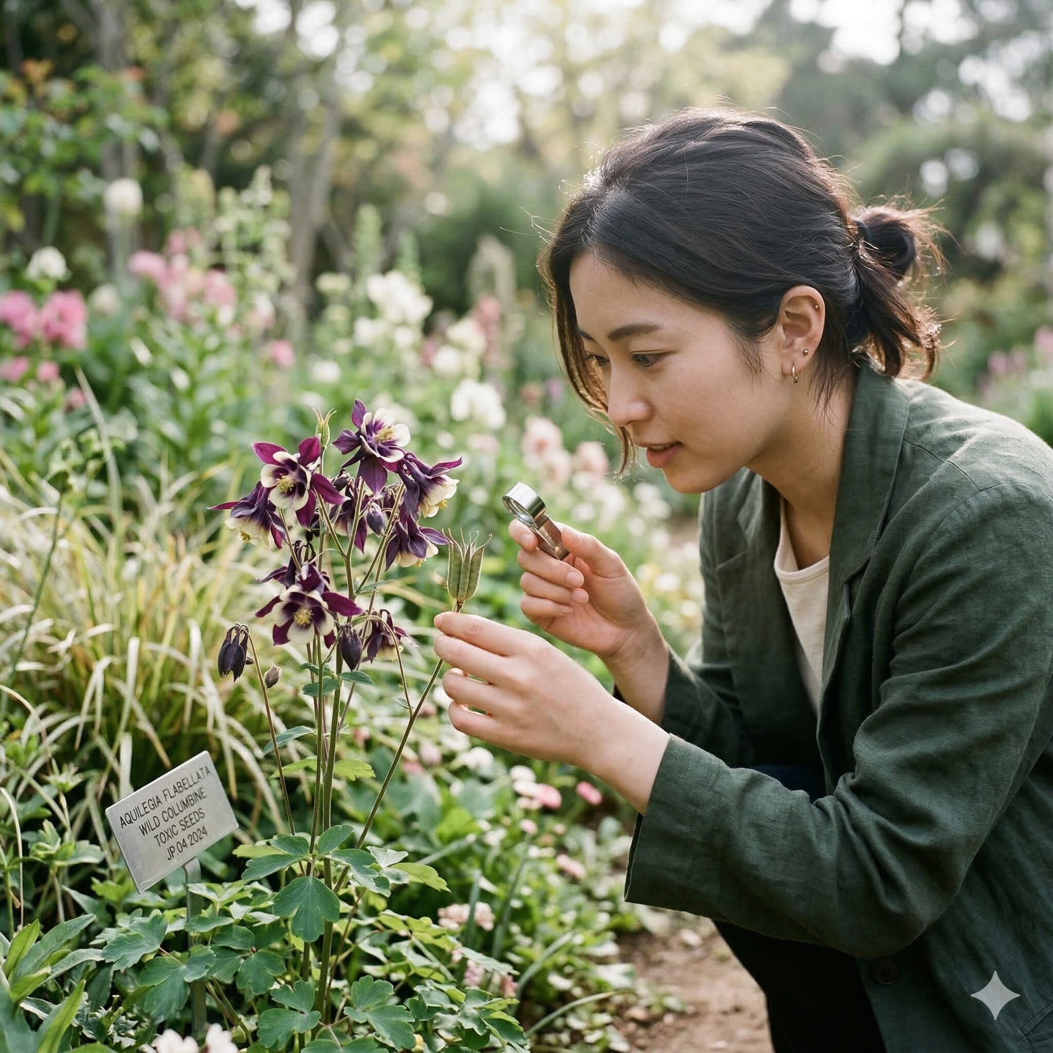 オダマキ 毒性1　庭園に咲く美しいオダマキの花。観賞用として人気だが全草に強い毒性を持つ。