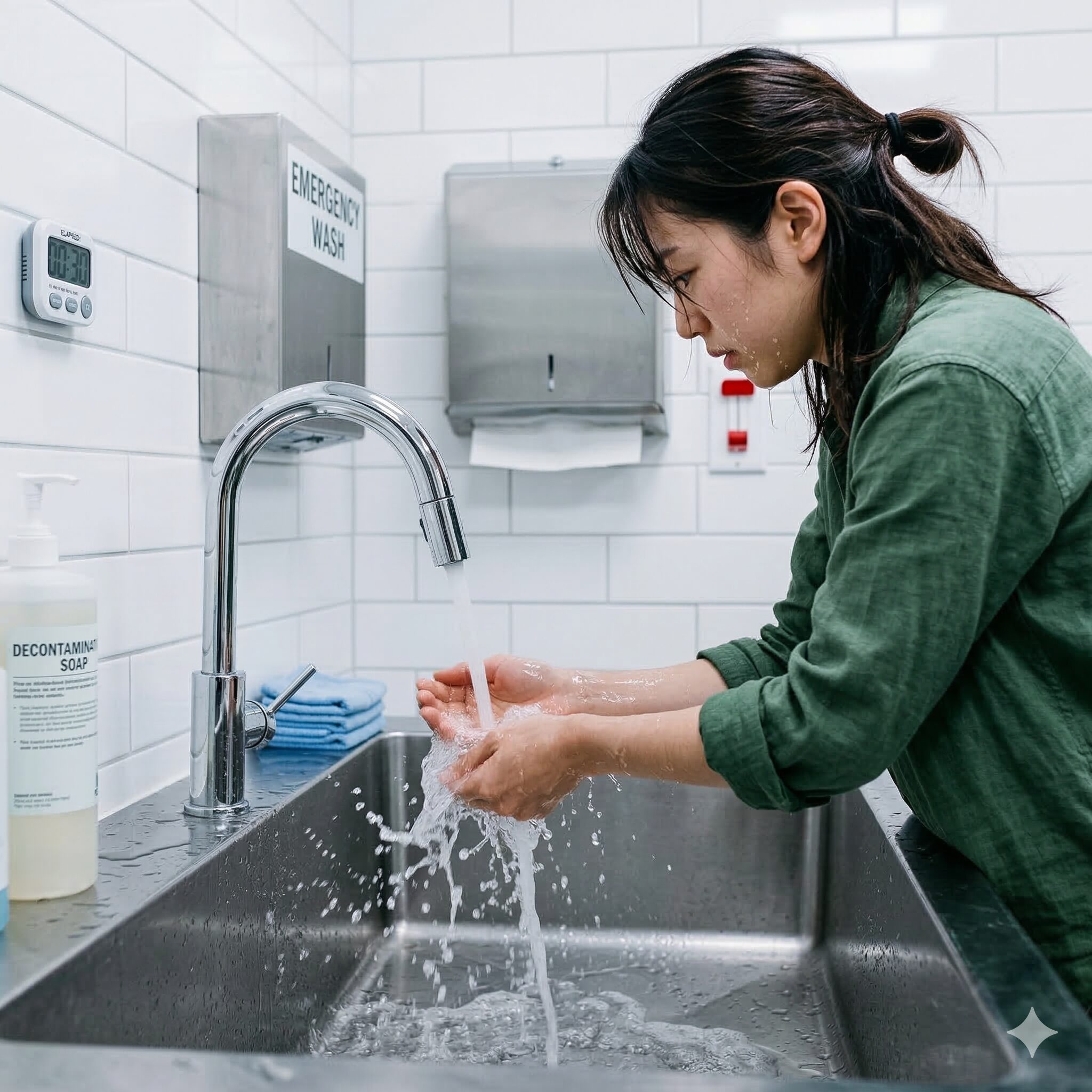 オダマキ 毒性10　有毒植物に接触・誤飲した際の応急処置として、大量の流水で口や手を洗う様子。