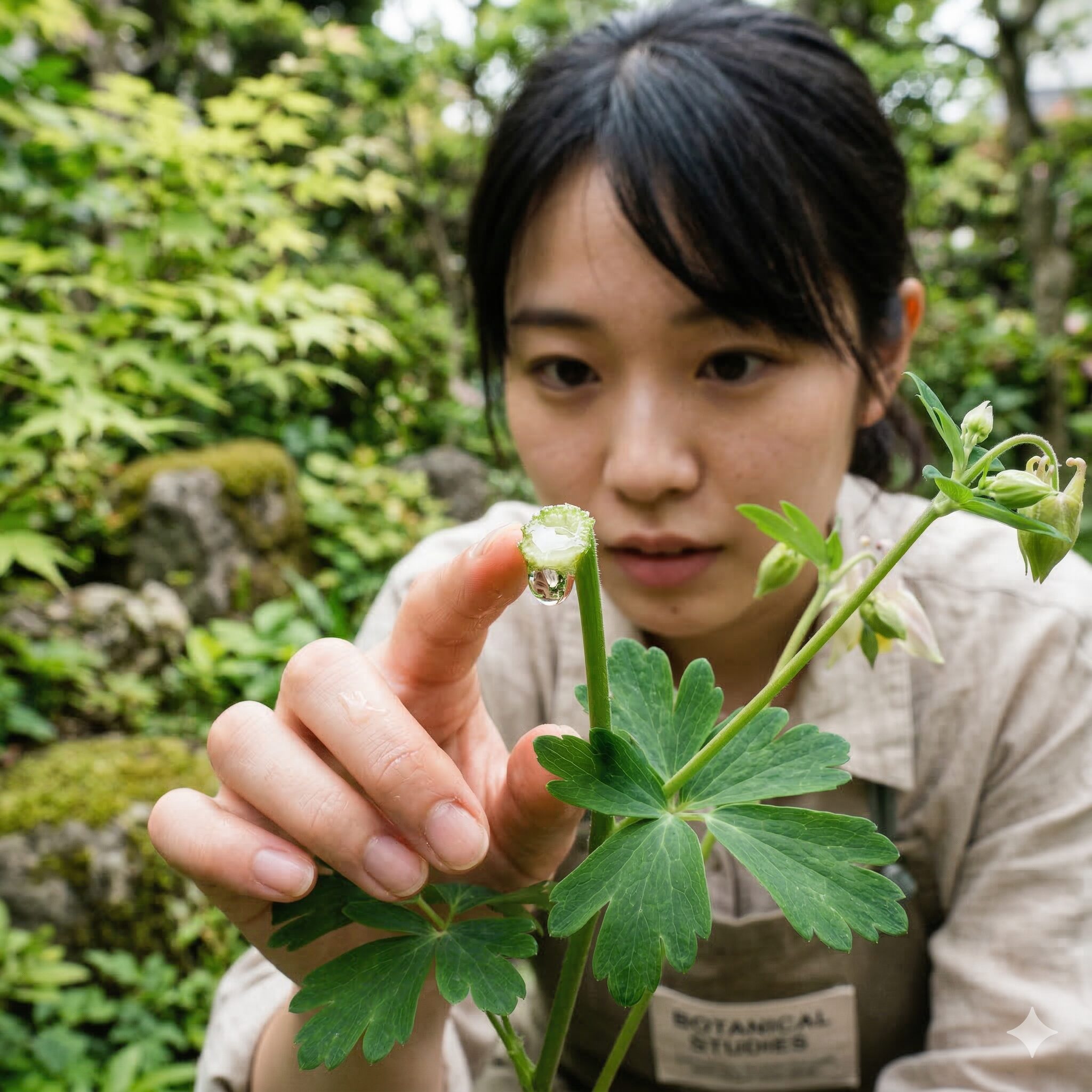 オダマキ 毒性2　オダマキの茎の切り口から滲み出る透明な汁液。皮膚炎を引き起こすプロトアネモニンを含む。