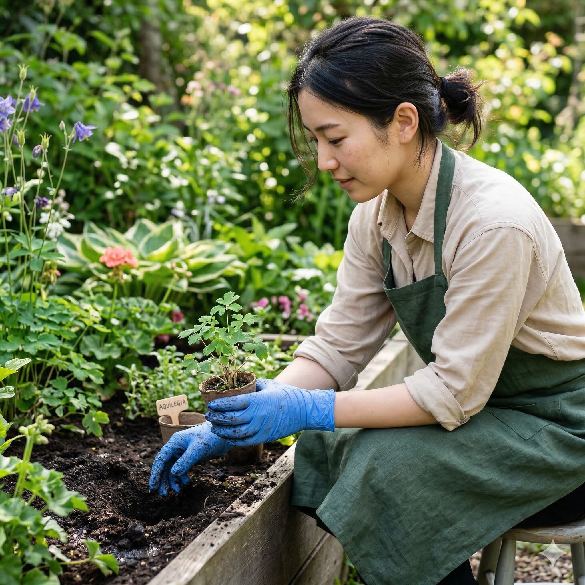 オダマキ 毒性3　オダマキの手入れをする際に防水性のニトリル手袋を着用して安全を確保する様子。